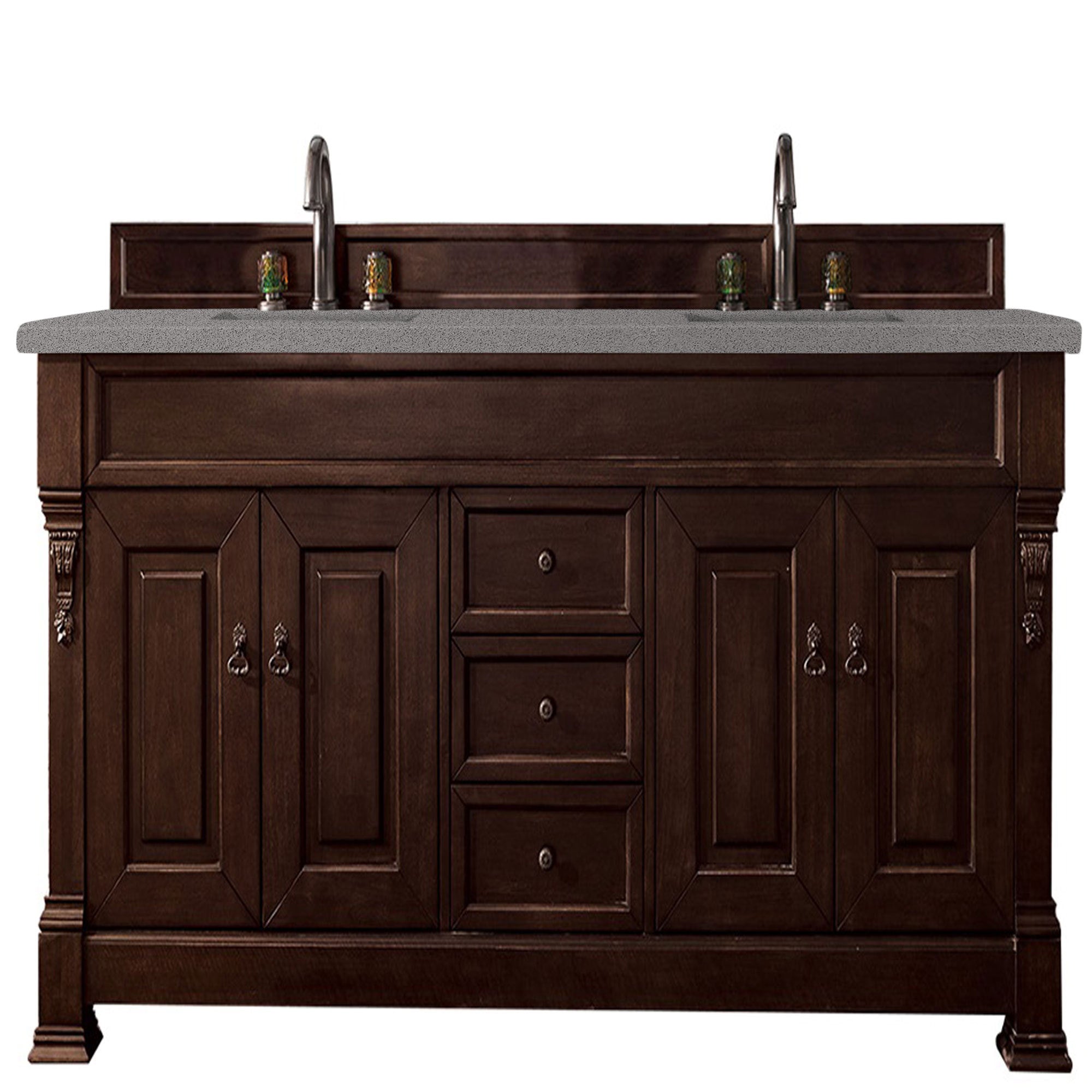 Brookfield 72 Inch Double Vanity with Burnished Mahogany Base & 3CM Grey Expo Quartz Top - Perfect for Master Bathroom Renovation