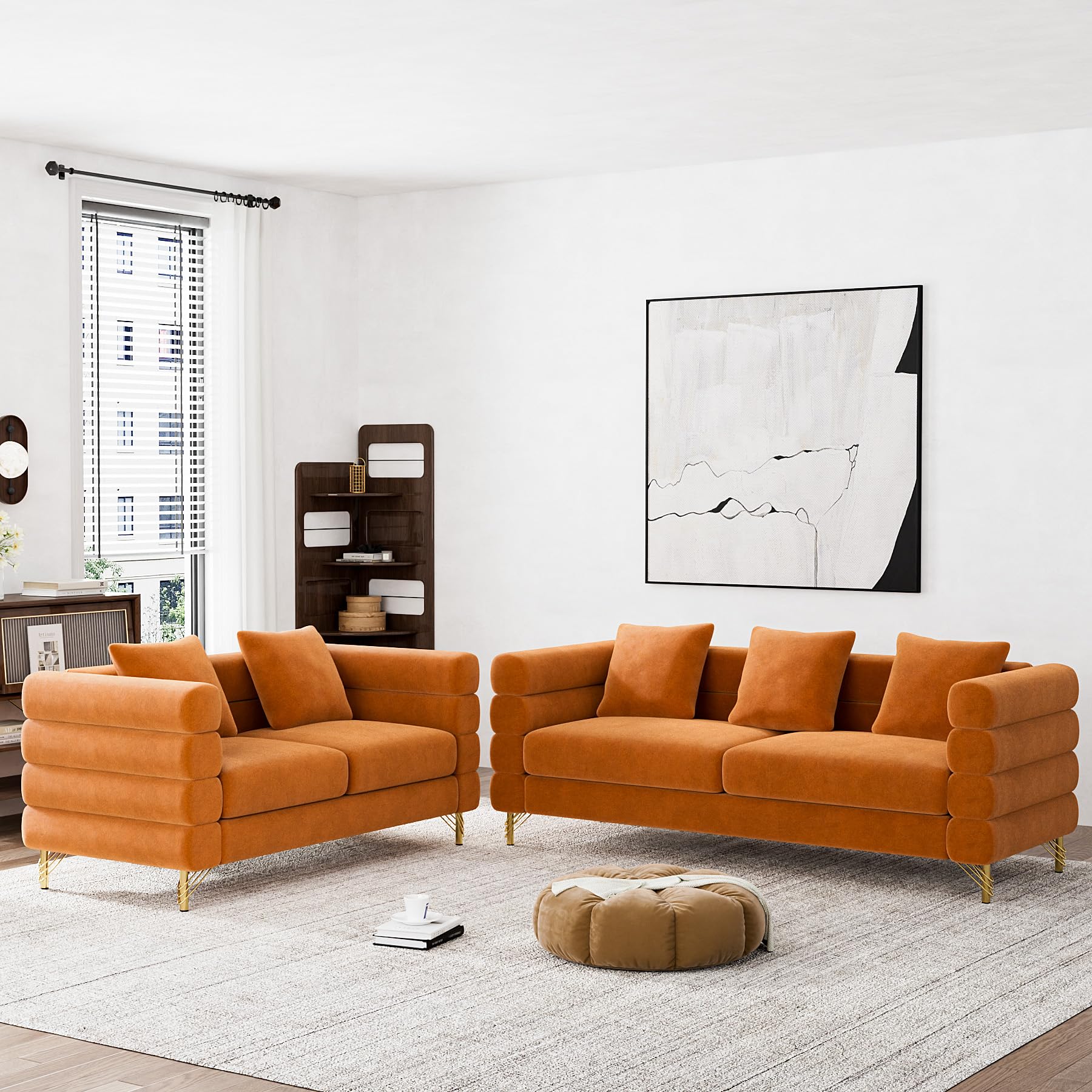 Modern Velvet Sofa and Loveseat Set - Overstuffed Deep Seat Cloud Couch with 5 Pillows, Oversized Chesterfield Furniture for Living Room & Bedroom (Orange) - Perfect for Small Spaces, Apartments and Cozy Home Decor
