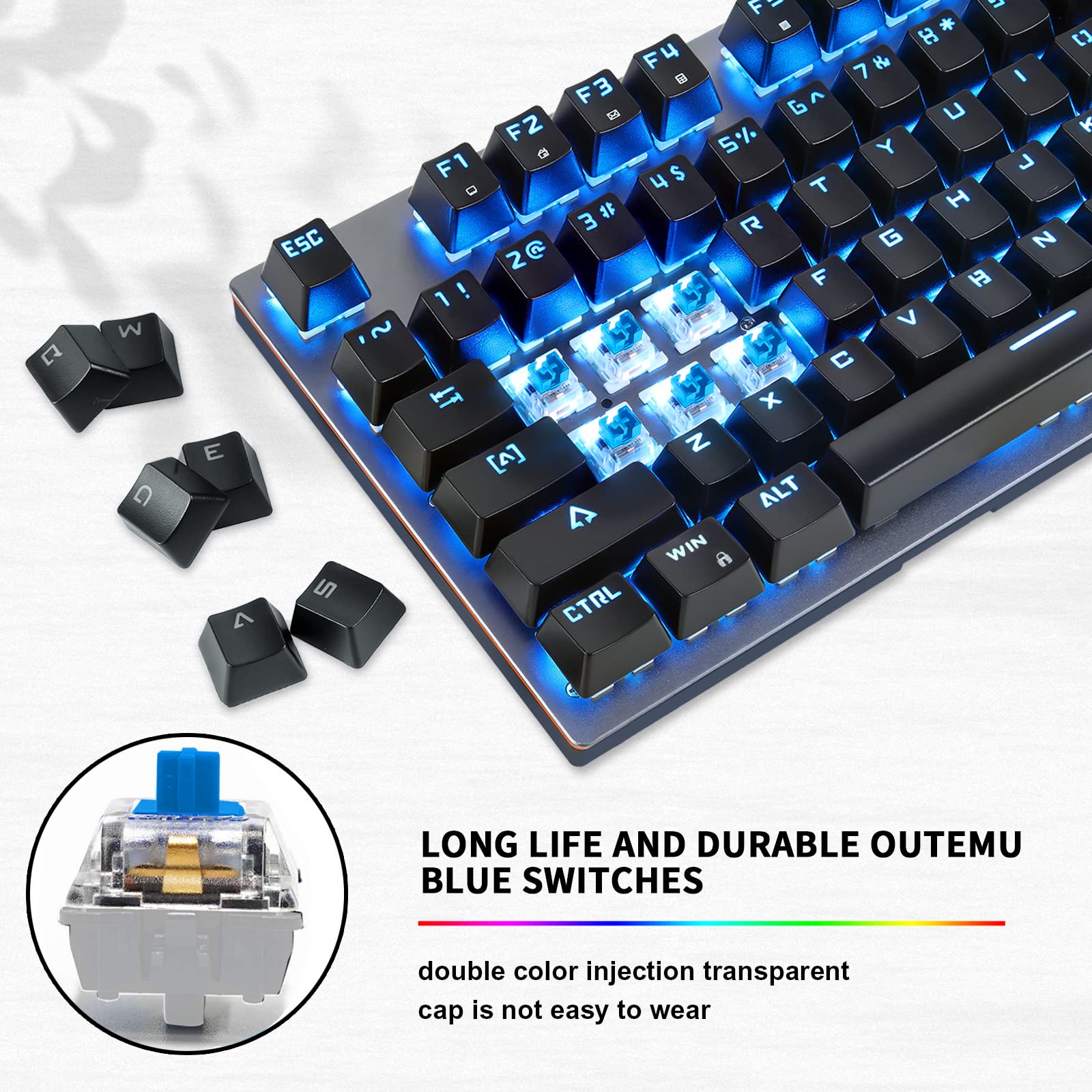 MOTOSPEED 2.4GHz Wireless & USB Wired Mechanical Gaming Keyboard - 104 Keys with Blue Switches & LED Backlit - Compatible with Mac, PC, Laptop - Perfect for Gaming, Typing & Office Work