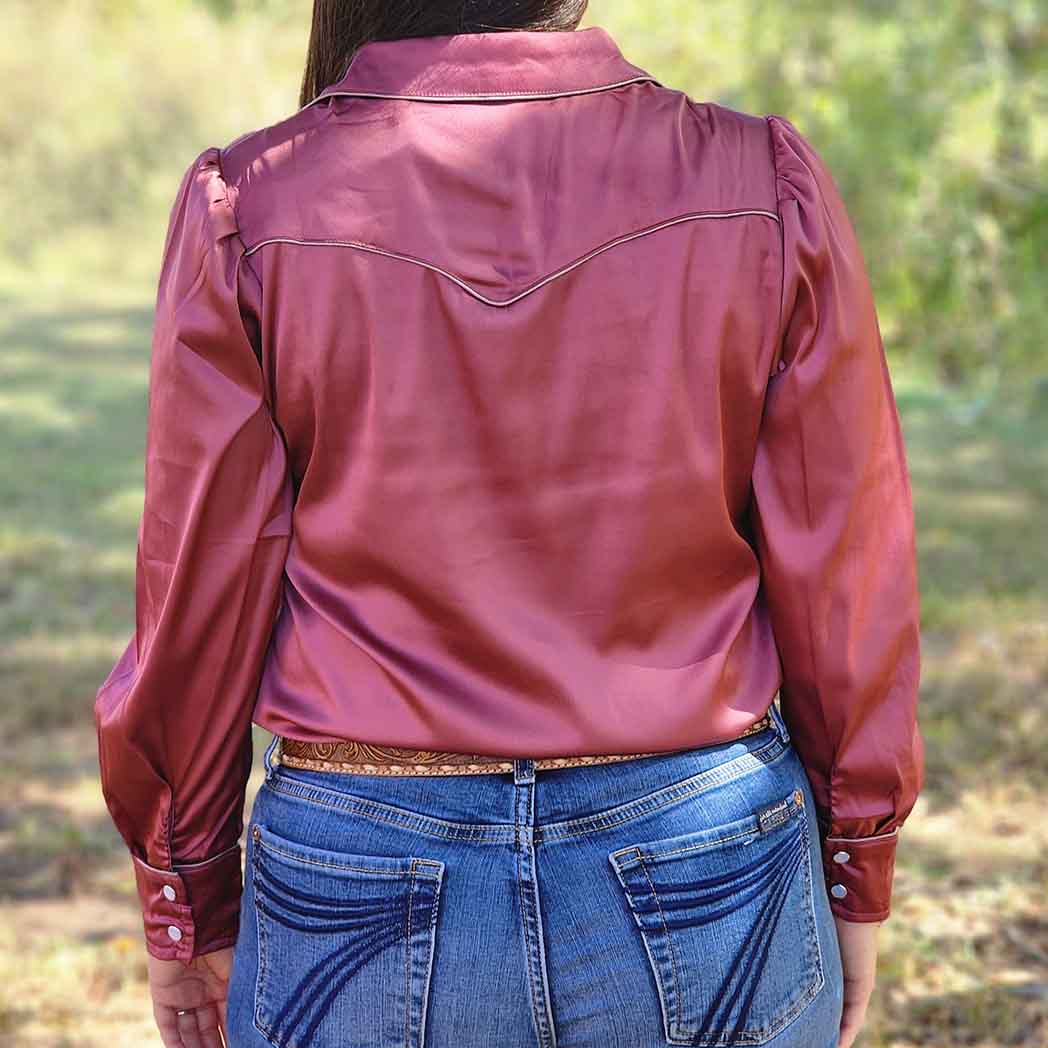 Stylish Berry Satin Puff Sleeve Western Blouse for Women | Trendy Cowgirl Shirt | Perfect for Country Concerts, Rodeos & Western-Themed Parties