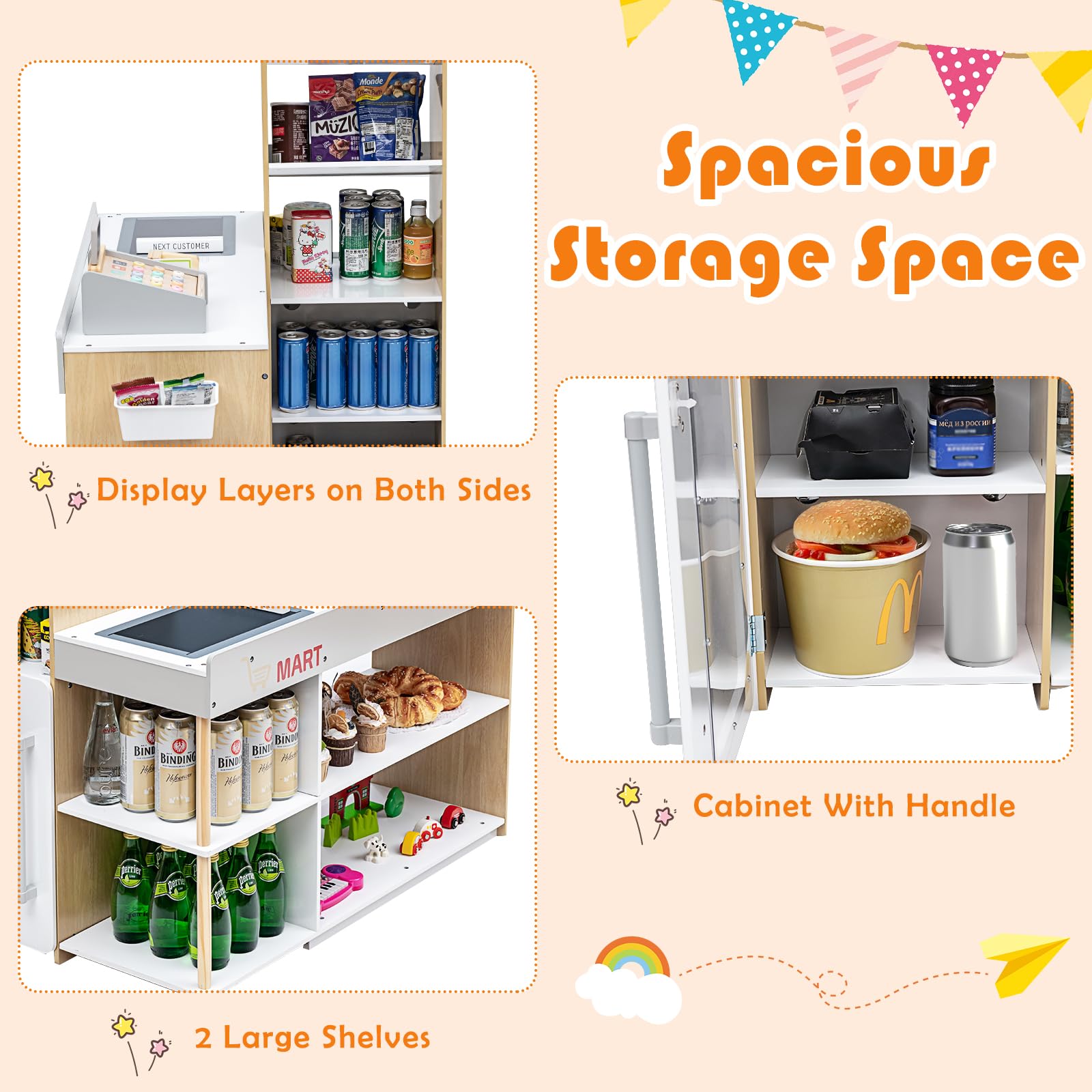 HONEY JOY Wooden Grocery Store Playset for Kids - Pretend Play Supermarket Toy with Shopping Cart, Cash Register, Chalkboard & Play Coins - Educational Role Play Toy for Toddlers & Preschoolers (Play Food Not Included) - Perfect for Home, Classroom & Daycare Pretend Play Activities