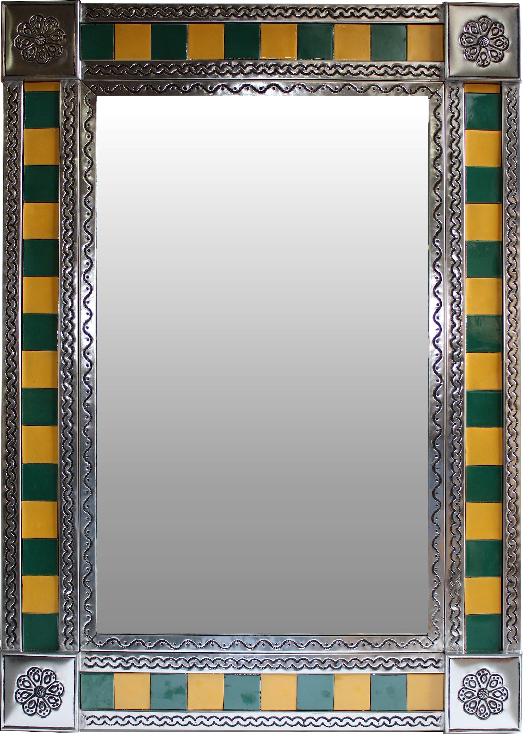 Handmade Talavera Tin Mirror - Green & Yellow Tile Design - Authentic Mexican Wall Decor for Bathroom, Bedroom, or Entryway