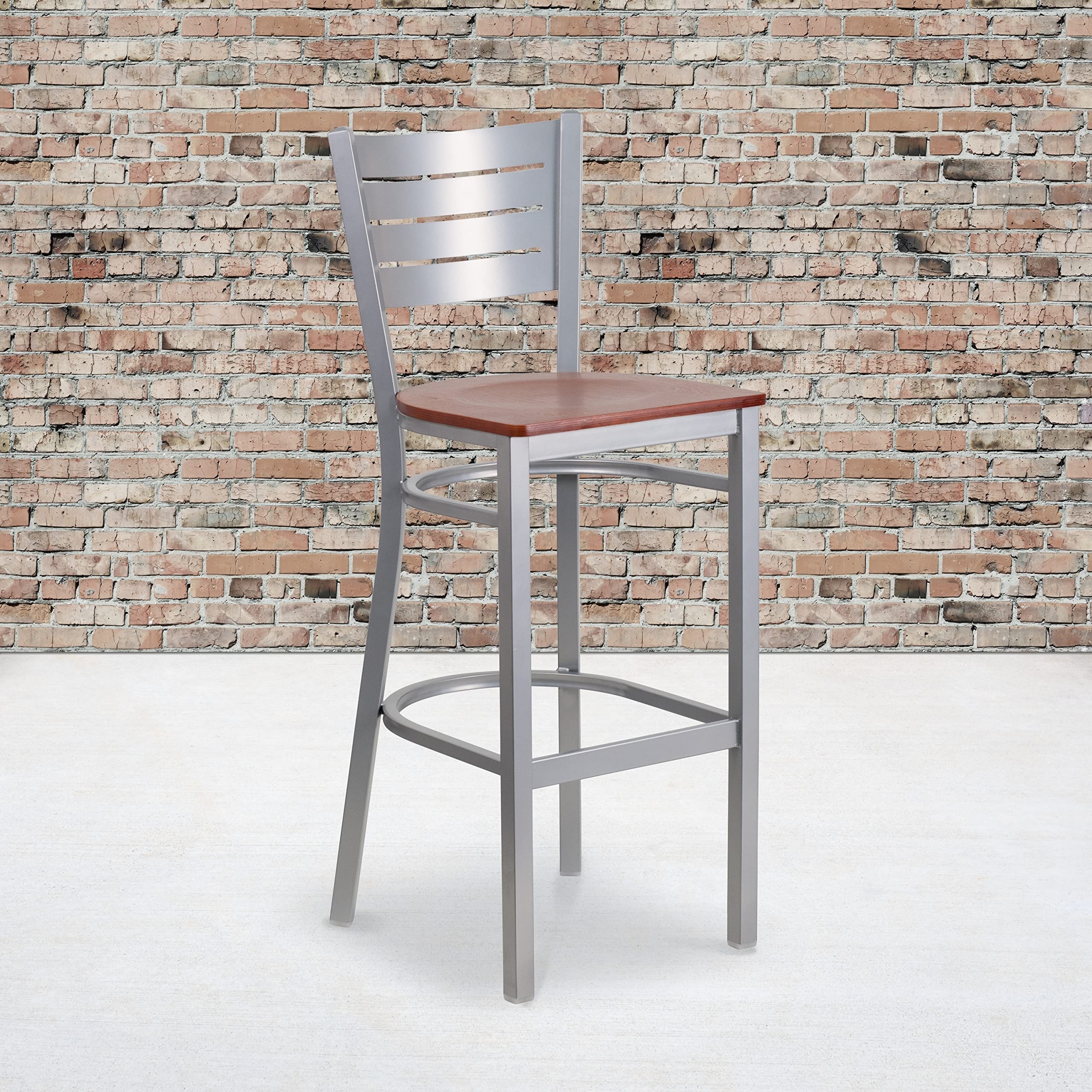 2 Pack Lancaster Home Metal Bar Stools with Cherry Wood Seat & Silver Frame - 16.5