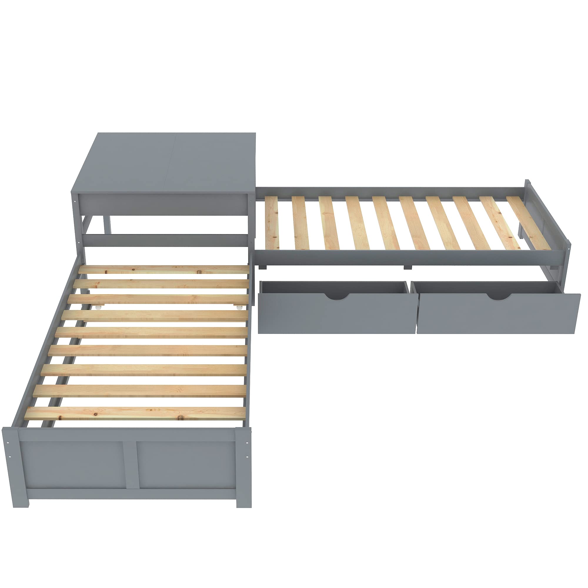 SOFTSEA L-Shaped Bed Frame with Trundle and Storage Drawers - Low Profile Corner Bed Platform with Built-in Nightstand for Small Spaces | Perfect for Studio Apartments, Dorm Rooms & Kids' Bedrooms