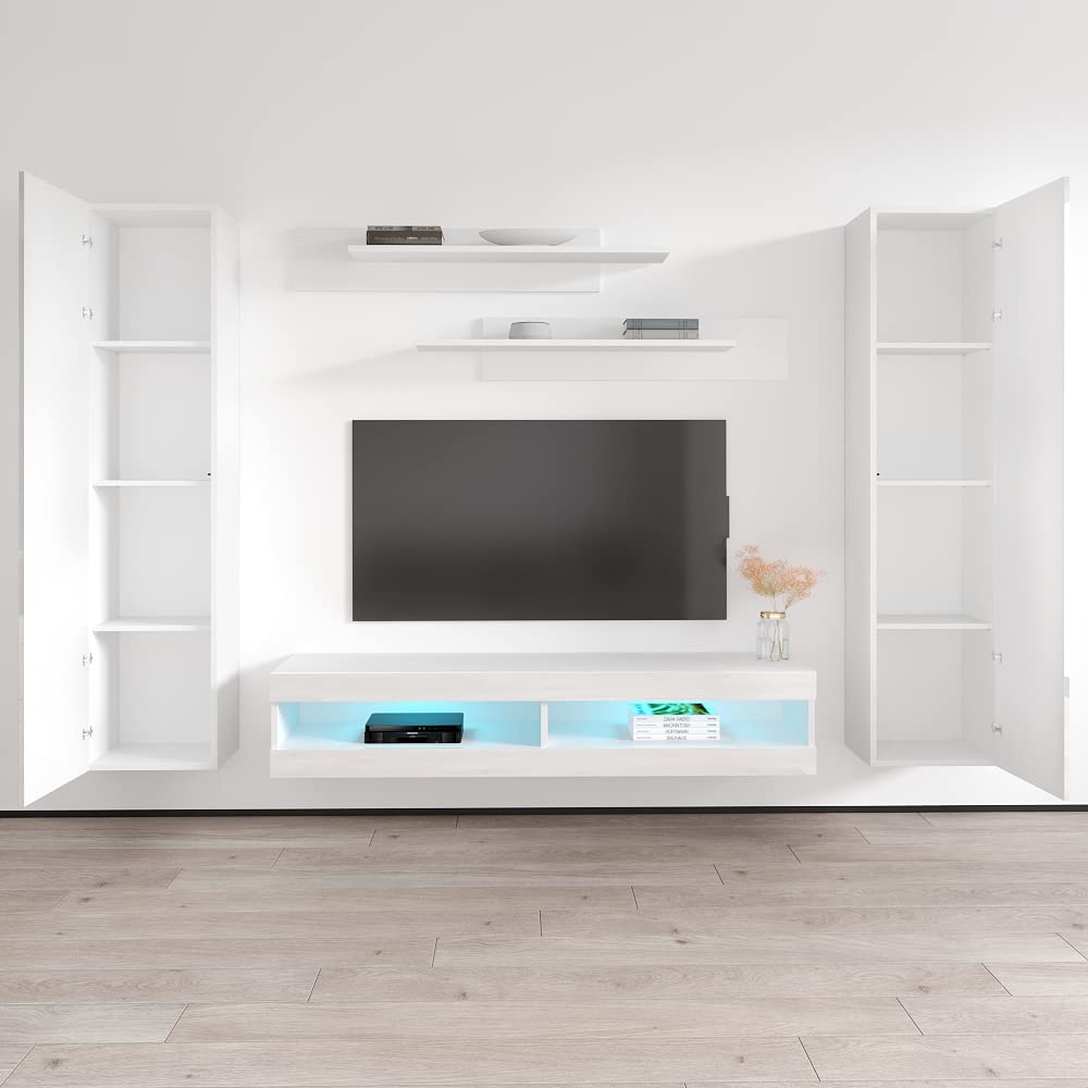 Modern Floating TV Stand with Storage & LED Lights - Wall-Mounted Entertainment Center Console for Bedroom & Living Room - White TV Cabinet with Shelves for Home Theater Setup - Perfect for Small Spaces & Apartment Living