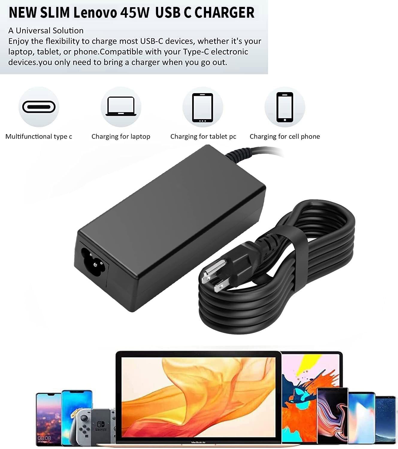 45W USB C Fast Charger for Lenovo Chromebook - Compatible with Lenovo Laptops - Type C Power Adapter with Quick Charge - Perfect for Home, Office & Travel Use