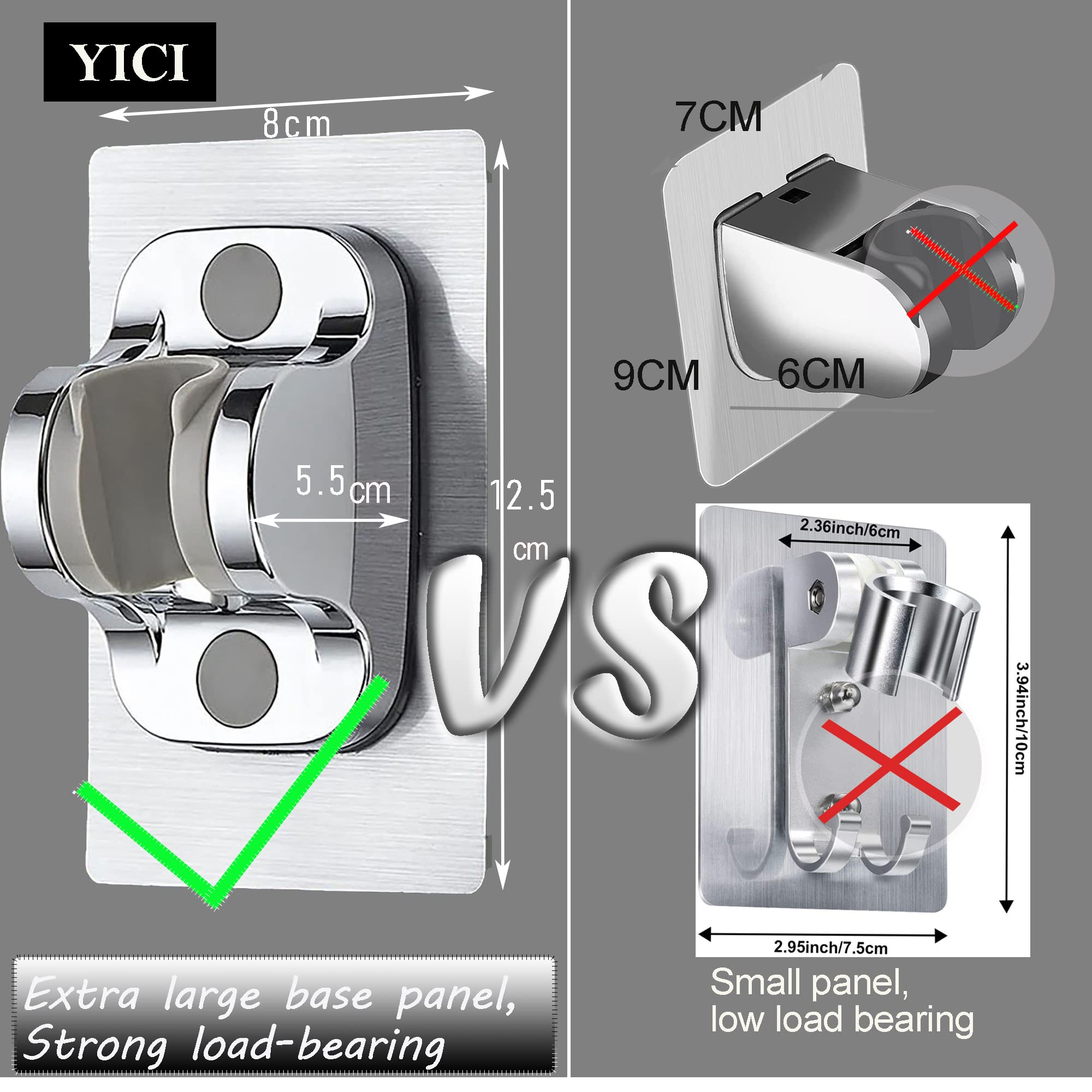 YICI No Drill Handheld Shower Head Holder - 12cm Strong Adhesive Shower Bracket with Adjustable Angle, Rustproof Silver Finish (2-Pack) - Perfect for Bathroom, RV, Apartment & Rental Homes Renovation