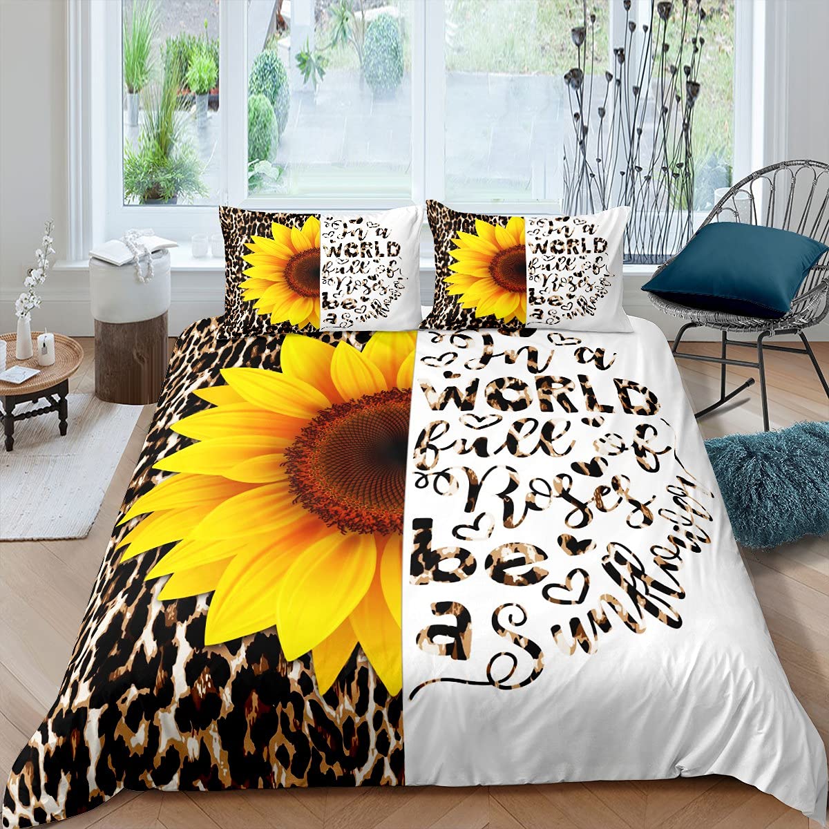 3D Yellow Sunflowers Leopard Print Twin Size Duvet Cover Set - Cartoon Cheetah Pattern Bedding for Kids, Boys & Girls - Farmhouse Theme 2-Piece Quilt Cover - Perfect for Kids' Rooms, Dorm Decor and Themed Bedroom Makeovers