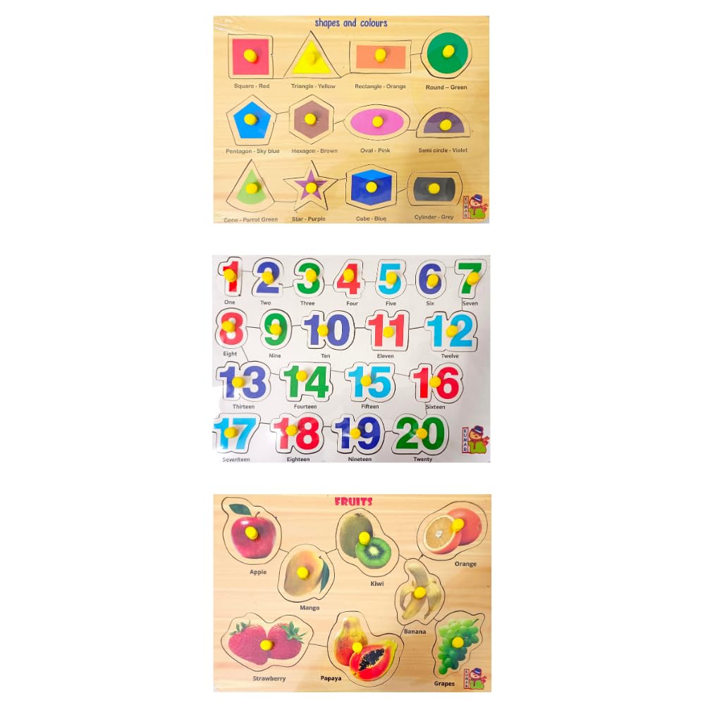 Wooden Learning Boards & Puzzles for Kids 3+ Years - Educational Toys Set with Shapes, Body Parts, Vegetables, Fruits, Numbers 1-20 & Alphabet (ABCD) - Perfect for Toddler Montessori Learning, Preschool Activities & Family Game Night