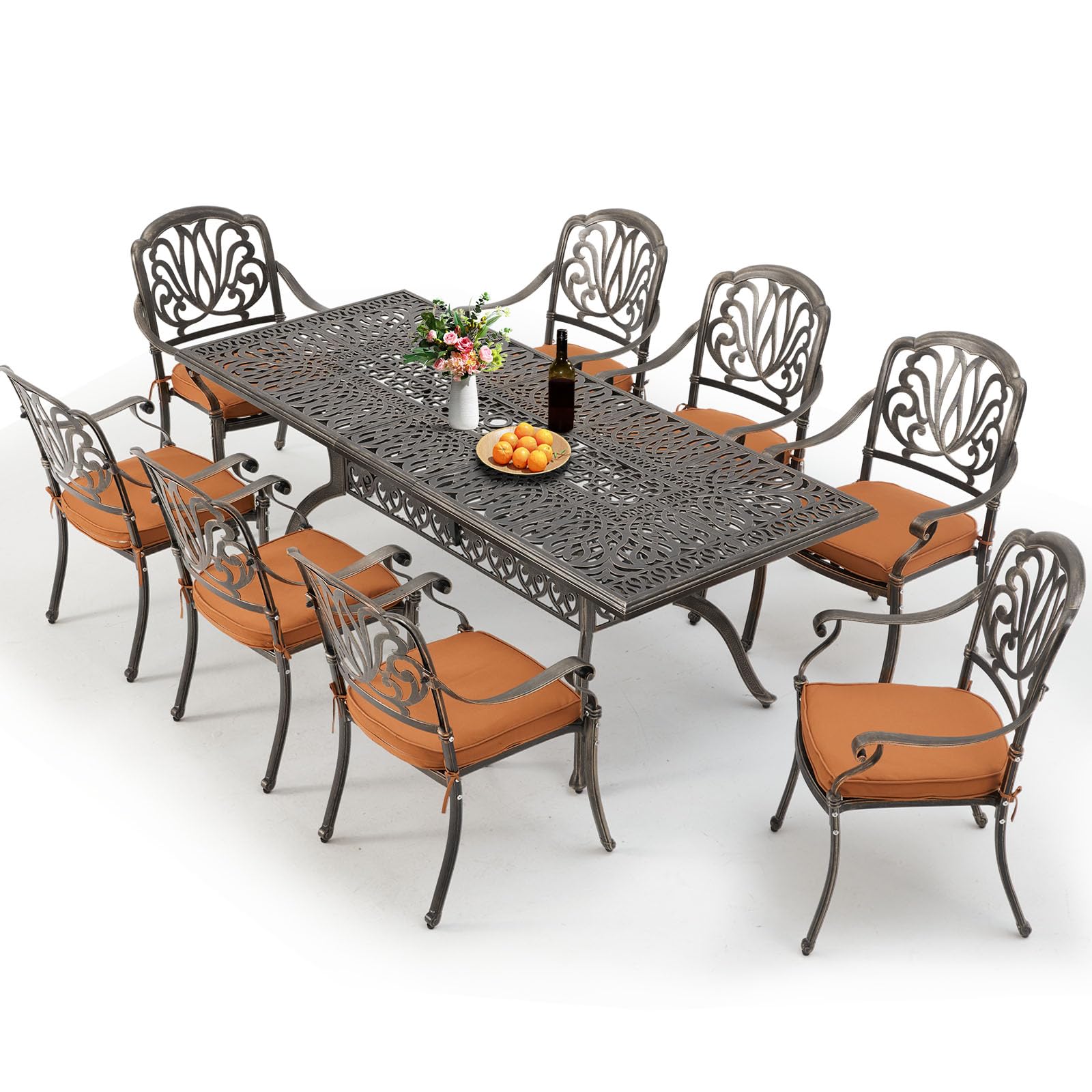 Premium 9-Piece Outdoor Dining Set - All-Weather Aluminum Patio Furniture with 8 Cushioned Chairs & Large Rectangular Table (Umbrella Hole Included) | Rustproof & Wind-Resistant | Perfect for Backyard BBQs, Poolside Dining & Garden Parties