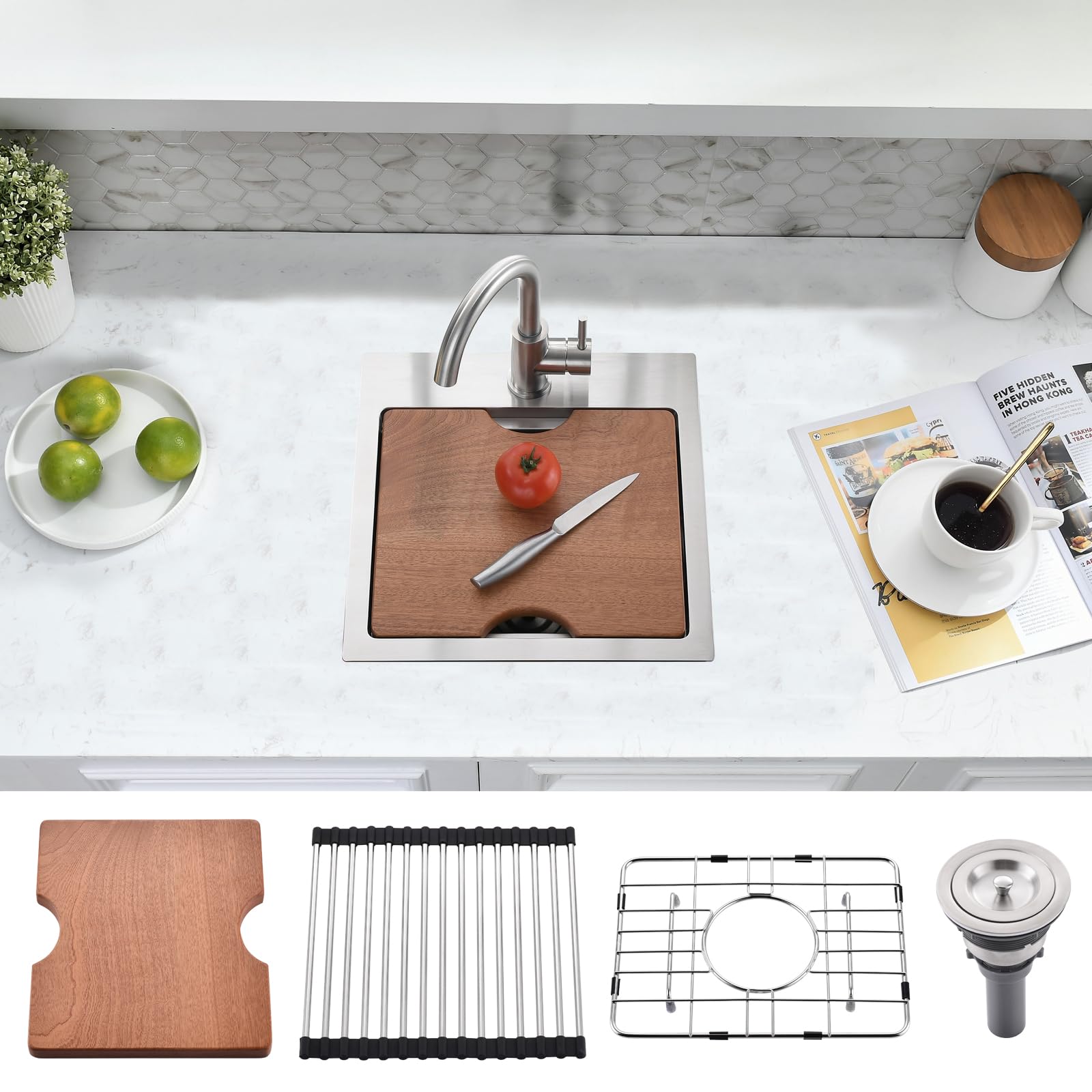 15x15 Drop-In Bar Sink Workstation - 16 Gauge Stainless Steel Top Mount Kitchen Sink for Small Spaces, RV, Outdoor & Commercial Use | Perfect for Bars, Outdoor Kitchens & Tiny Homes