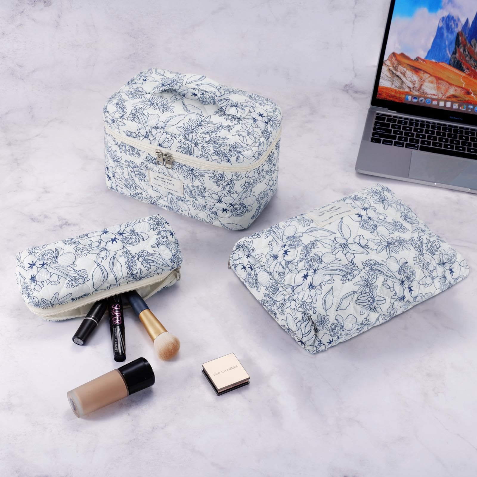 Quilted Makeup Bag Set - 3 Piece Cotton Floral Cosmetic Organizer for Women | Large Travel Toiletry Pouch | Perfect for Travel, Gym, and Daily Beauty Essentials Storage