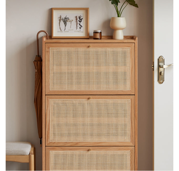 Oak Solid Wood Ultra Thin Flap Door Rattan Shoe Cabinet - Space Saving Entryway Storage Organizer for Hallway, Closet & Mudroom