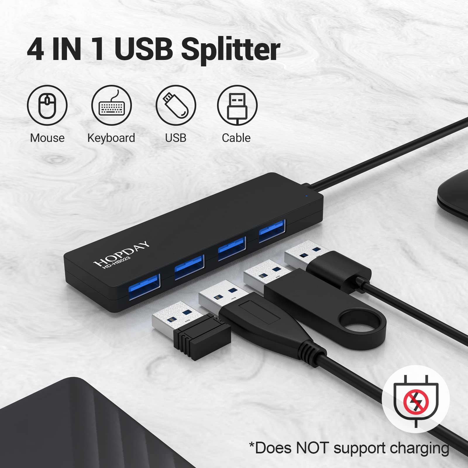 HOPDAY 4-Port USB 3.0 Hub - Ultra Slim Portable USB Splitter for MacBook, iMac, Mac Mini, Surface Pro, Dell, HP Laptops - Perfect for Office, Travel & Home Use