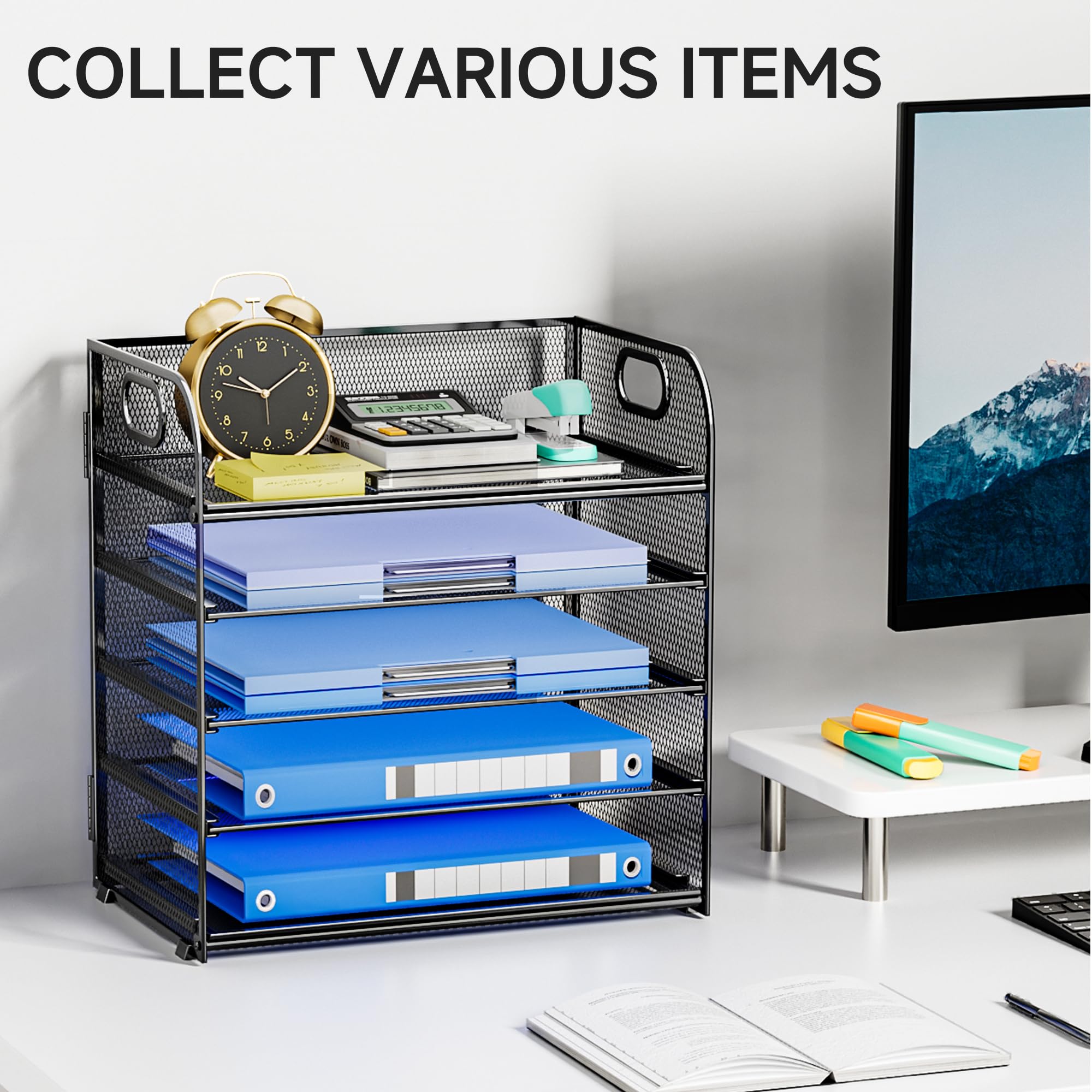 5-Tier Mesh Desk Organizer with Handle - Black File & Paper Sorter for Office & Home - Perfect for Mail, Documents, Office Supplies & Stationery Storage