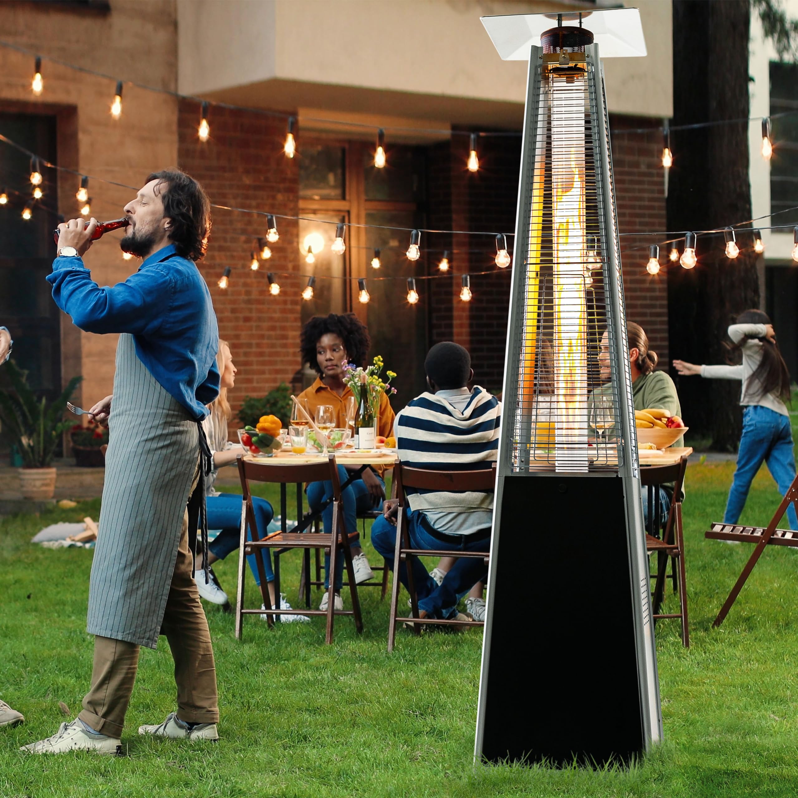 Nuu Garden 48,000 BTU Outdoor Propane Patio Heater with Wheels & Oxford Cover - Hammered Bronze Pyramid Tower Heater for Backyard, Deck, Terrace, Restaurant - Weather-Resistant Portable Heating Solution for Outdoor Gatherings