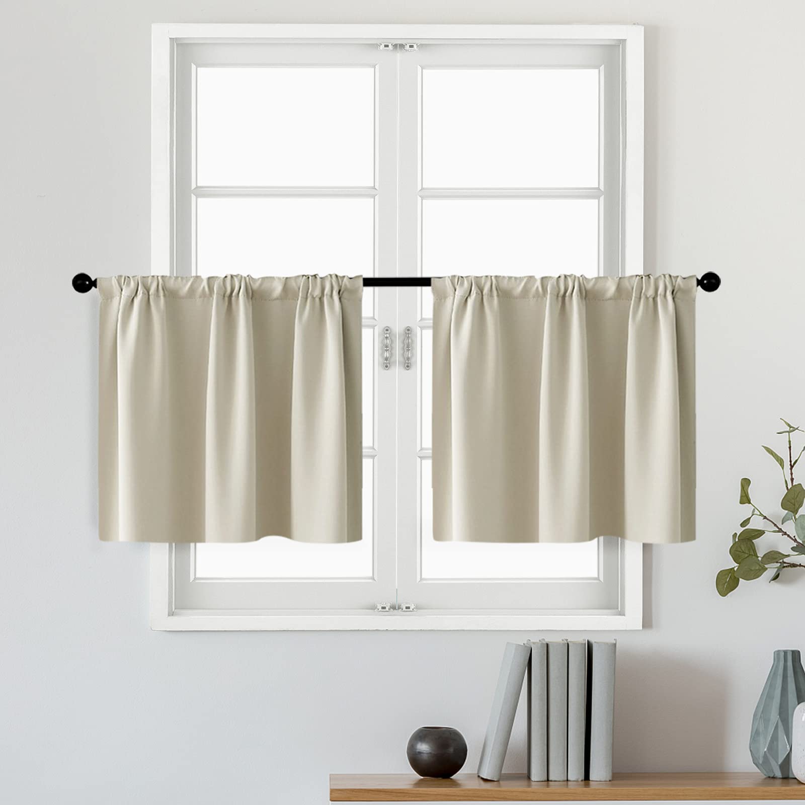 MRTREES 52 x 24 Inches Beige Room Darkening Kitchen Curtains - 2 Panel Set with Rod Pocket, Light Filtering Window Treatment for Cafe, Bathroom & Small Windows - Perfect for Privacy & Sun Protection in Home, Office or Dorm
