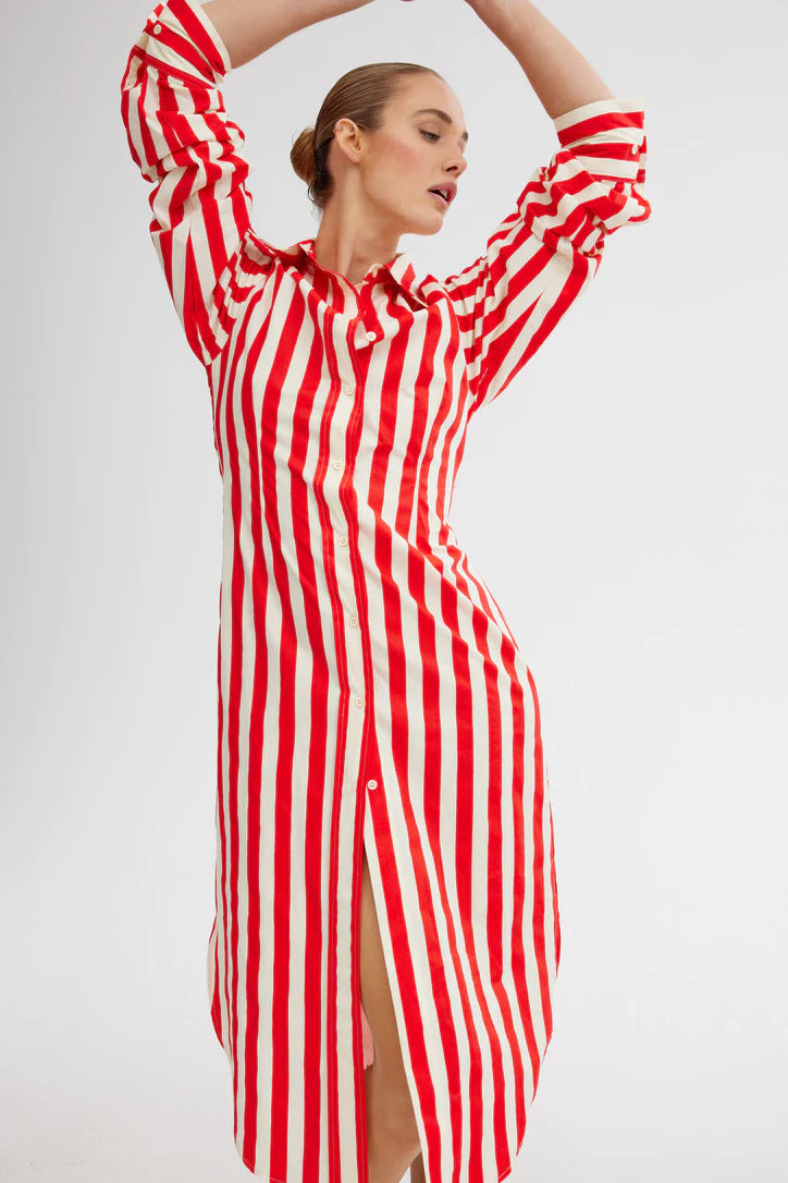 FINN SHIRT DRESS for Women - Ruby Red & Antique Wash - Casual Long Sleeve Button Down Tunic Dress for Work, Date Night & Everyday Wear