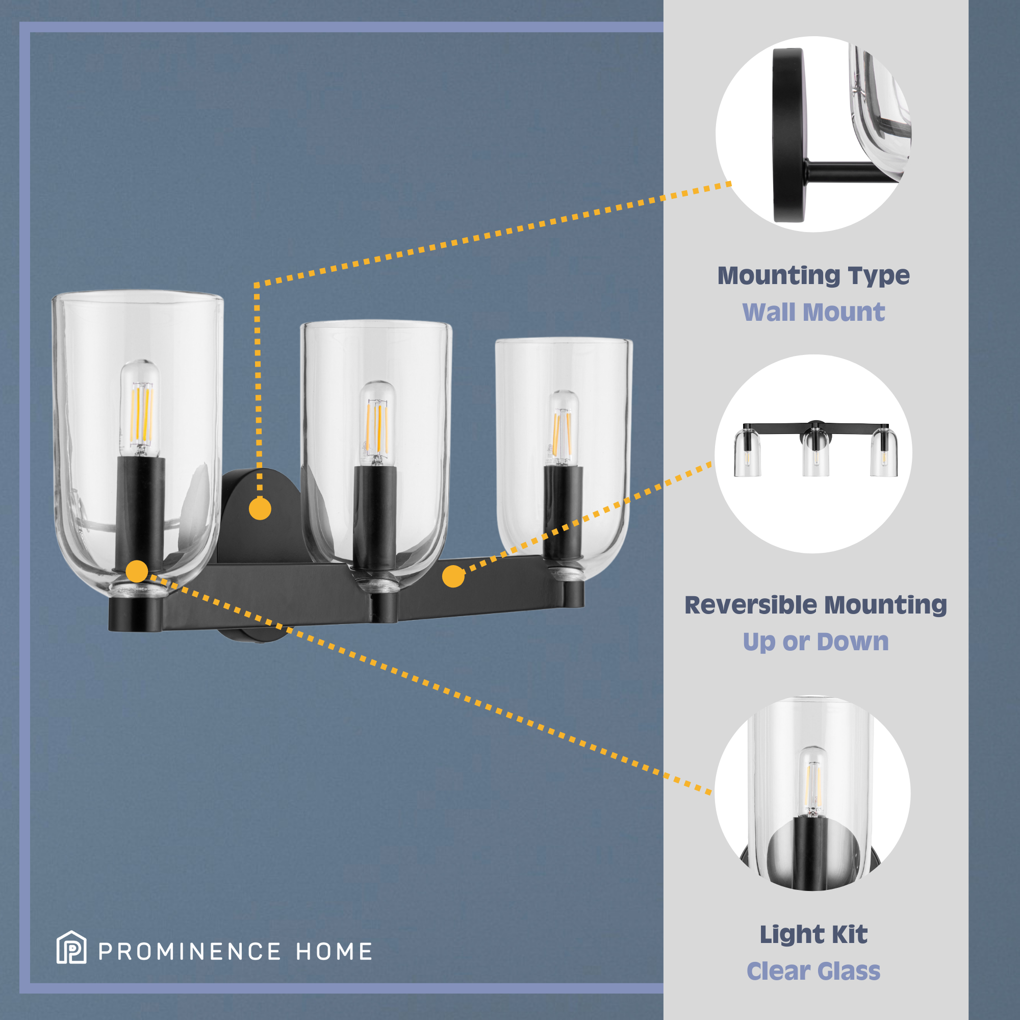 3-Light Hansley Vanity Light Fixture in Matte Black with Clear Glass Shades - Perfect for Bathroom, Bedroom, and Dressing Room Lighting