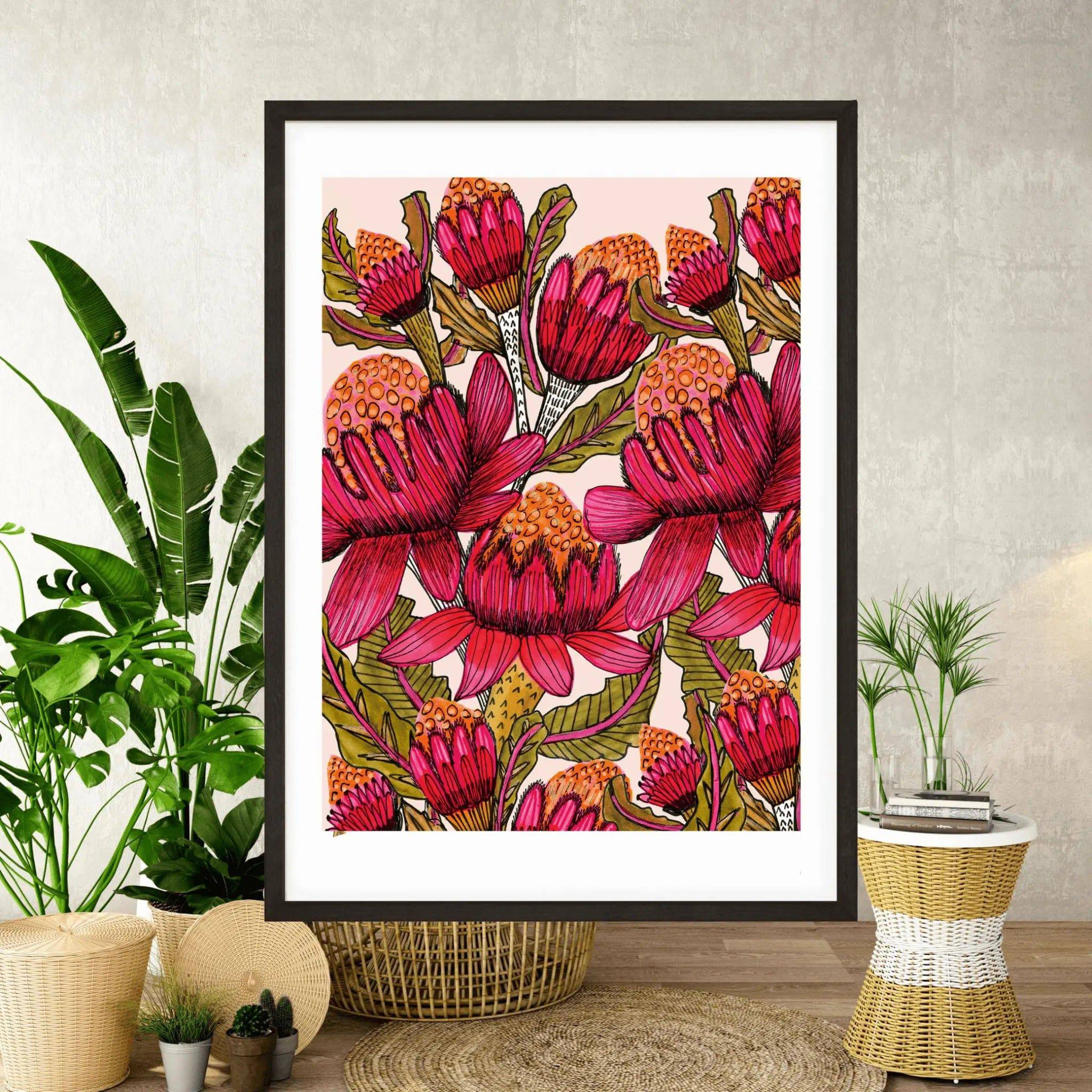 Waratahs Wall Art Print - Australian Native Flower Canvas Painting - Perfect for Home Decor, Living Room, Bedroom & Office