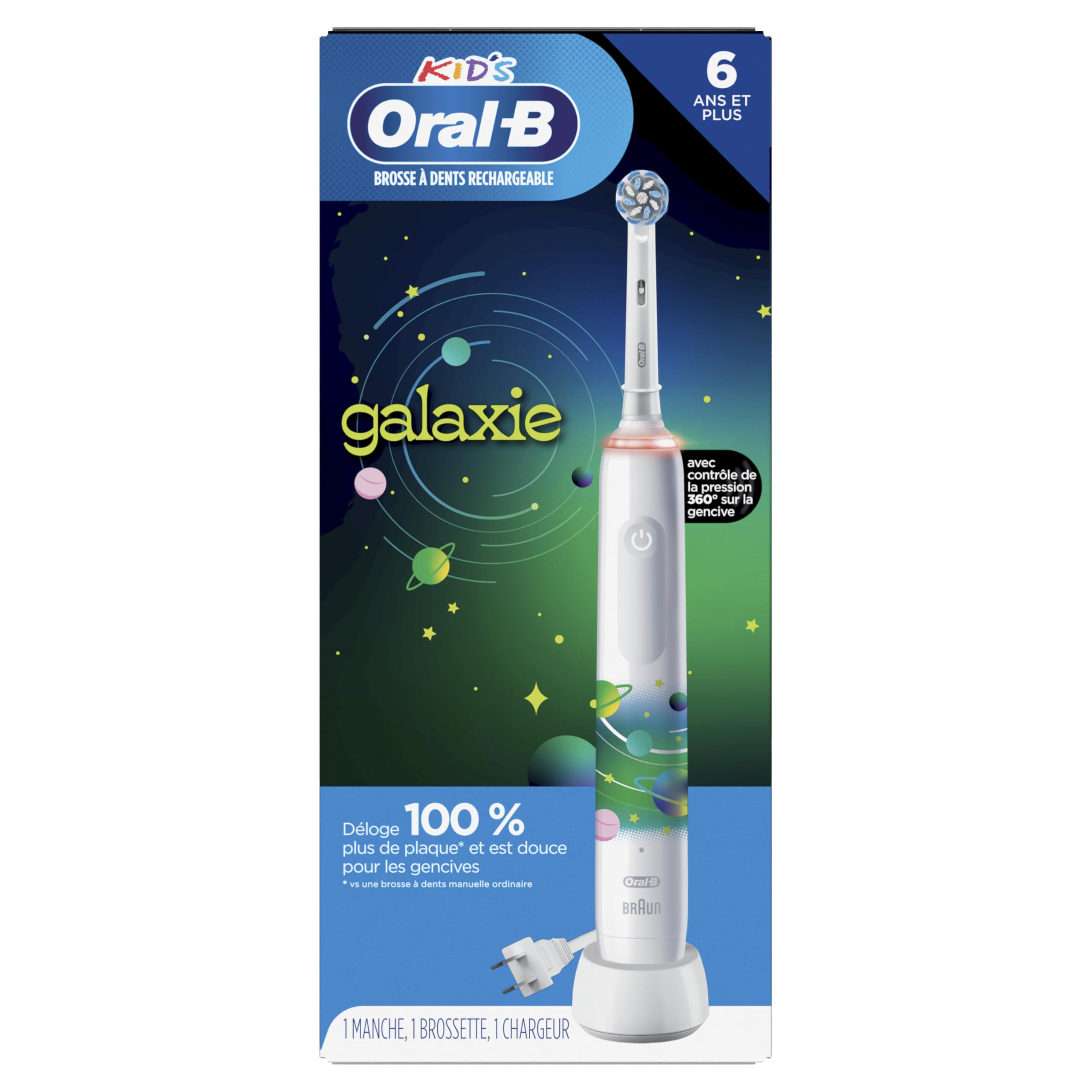 Oral-B Kids Electric Toothbrush with Pressure Sensor & Timer - Rechargeable Toothbrush with 2 Brush Heads - Fun Galaxy Design for Children's Dental Care - Perfect for Home & Travel Use
