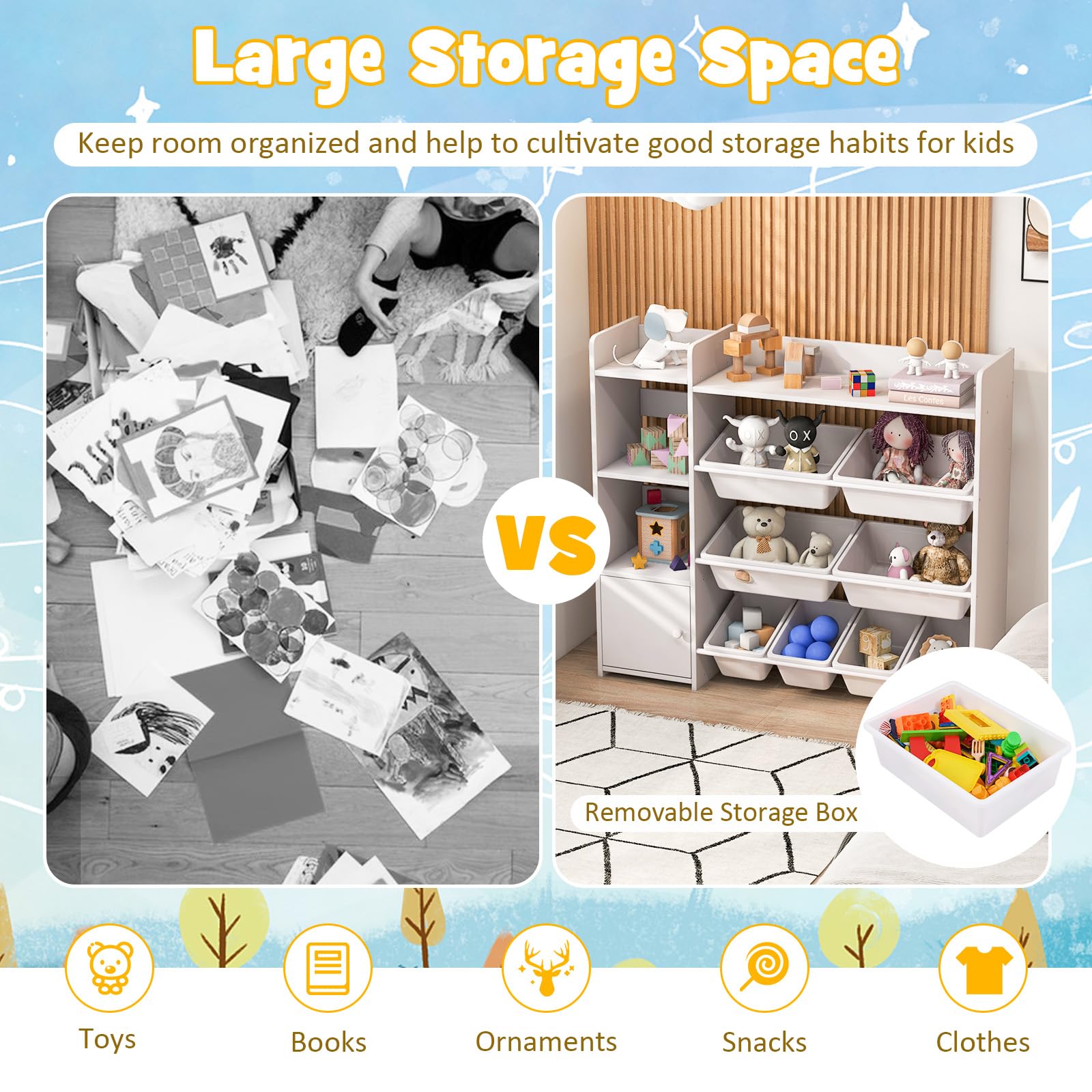Costzon 4-Tier Kids Bookshelf & Toy Storage Organizer with 8 Bins & Cabinet Door - White | Space-Saving Toy Rack for Playroom, Nursery, Daycare & Kids Bedroom Organization