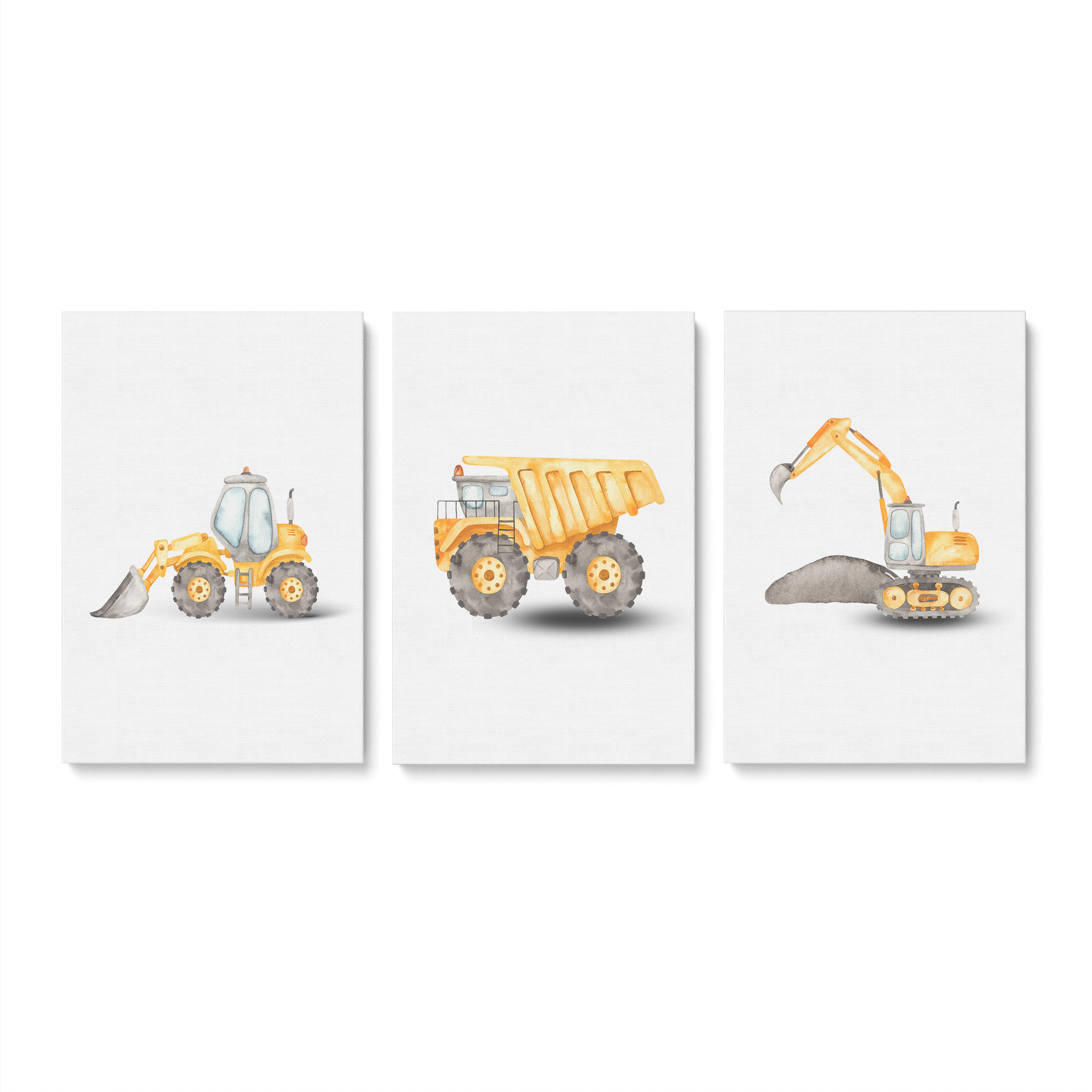 3-Piece Construction Vehicles Canvas Art Set - Dump Truck, Excavator & Bulldozer Wall Decor for Kids Room, Nursery & Playroom