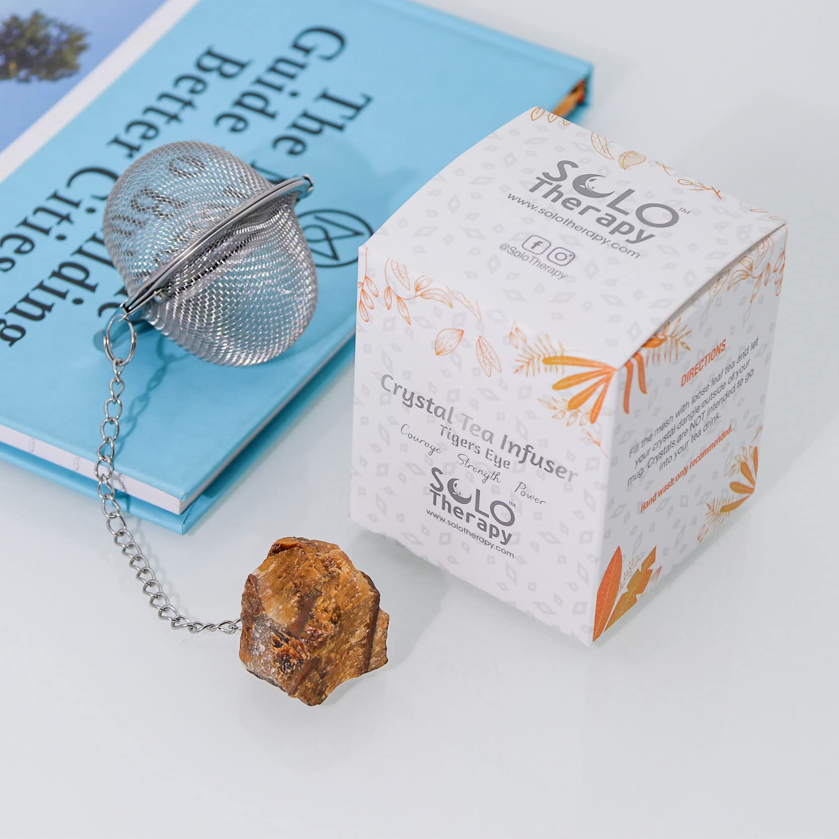 Premium Tigers Eye Crystal Tea Infuser - Stainless Steel Mesh Tea Strainer Ball with Extended Chain Hook for Loose Leaf Tea | Perfect for Home, Office & Gift Giving | Relaxing Tea Brewing Experience