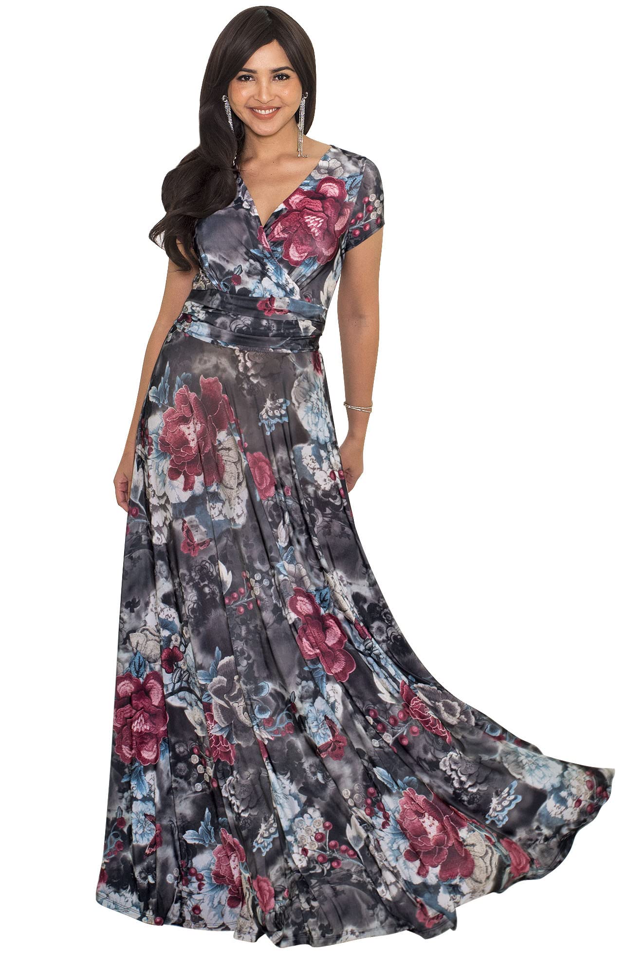 KOH KOH Women's Long Maxi Summer Dress - Floral Print Short Sleeve Flowy Modest Gown for Beach, Vacation & Casual Wear