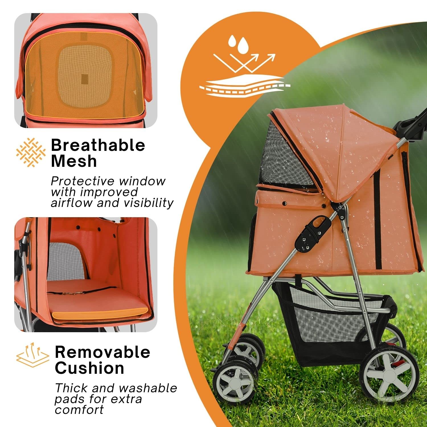 **Flexzion 4-Wheel Folding Pet Stroller for Dogs & Cats - Lightweight Travel Carrier with Rain Cover, Cup Holder & Mesh Window - Ideal for Jogging, Walking & Outdoor Adventures (Orange, Up to 30 lbs)**