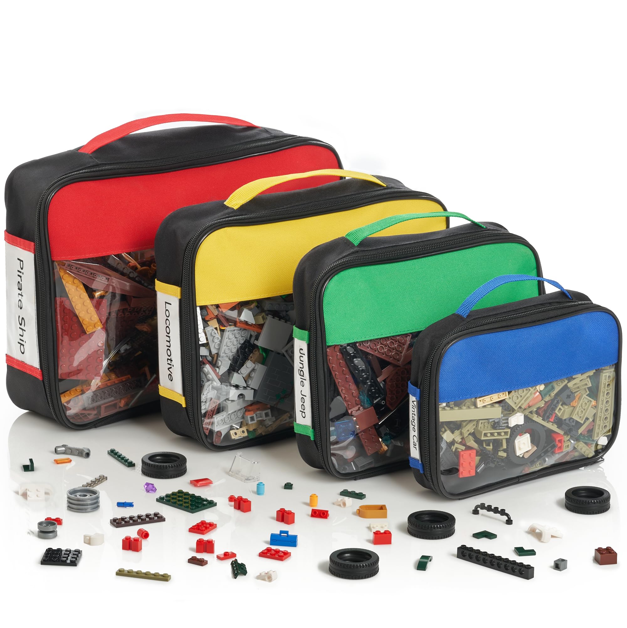 Premium Toy Storage Bags for LEGO Bricks - 4 Pack Organizer Bags with Labels, Handles & Pockets - Quality Bliss Bins for Puzzles & Board Games - Perfect for Kids' Room, Playroom & Travel Organization
