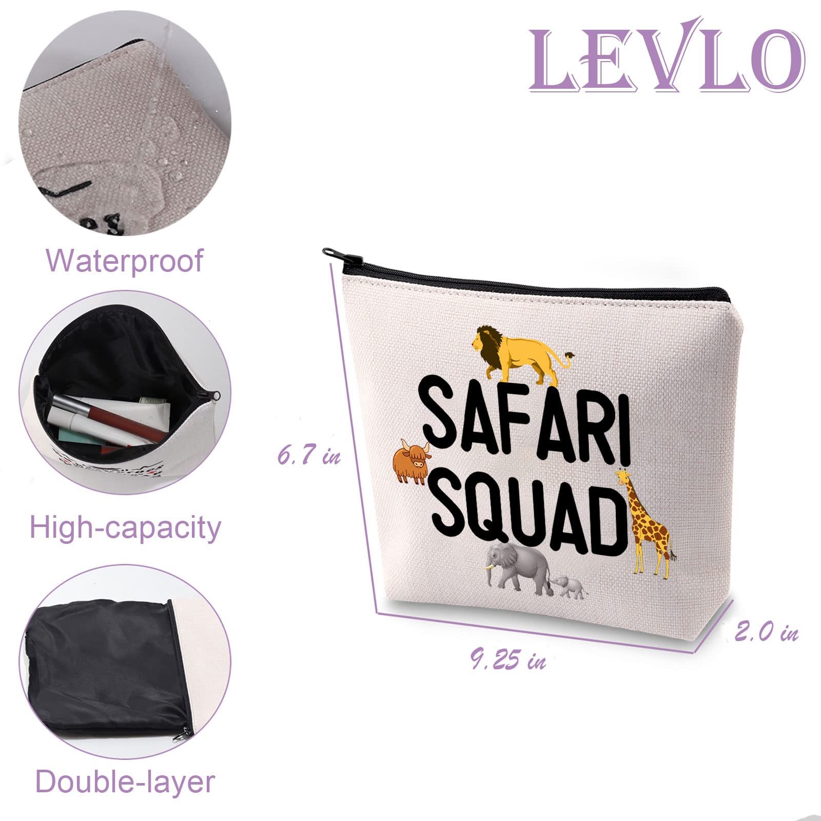 LEVLO Safari Squad Makeup Bag - Waterproof Travel Cosmetic Organizer for Women, African Jungle Animal Print Zipper Pouch (Perfect for Travel, Camping & Safari Adventures)