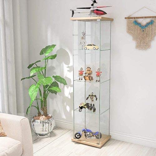 4-Shelf Modern Glass Display Cabinet with Door - Clear Curio Cabinet Collection Showcase, Floor Standing Bookshelf Corner Cabinet for Living Room & Office - 64
