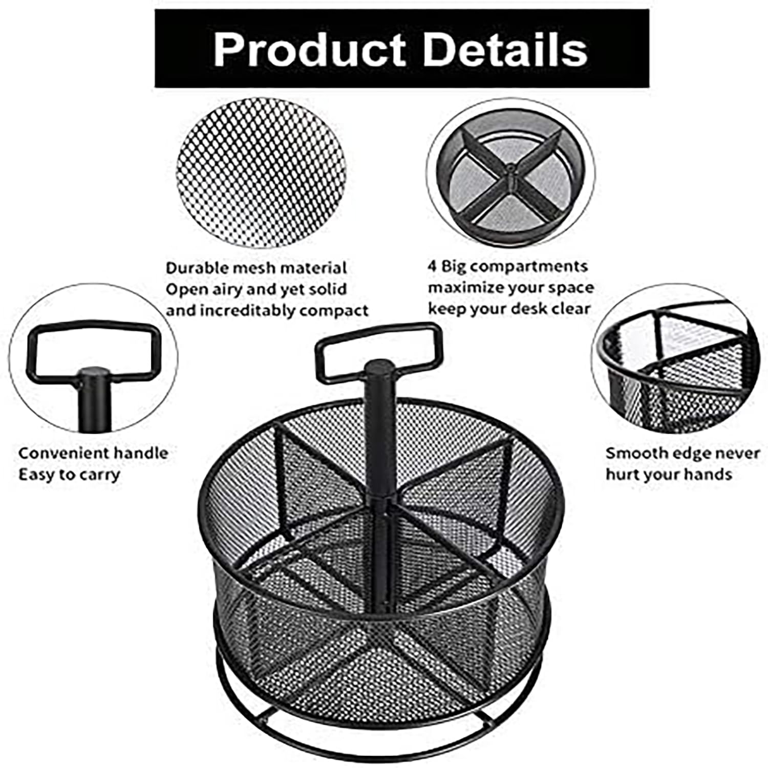 360° Rotating Mesh Desk Organizer - 4 Compartment Multifunctional Pen Holder & Office Supply Storage Box | Perfect for Home Office, School, Art Studio Organization (Black)
