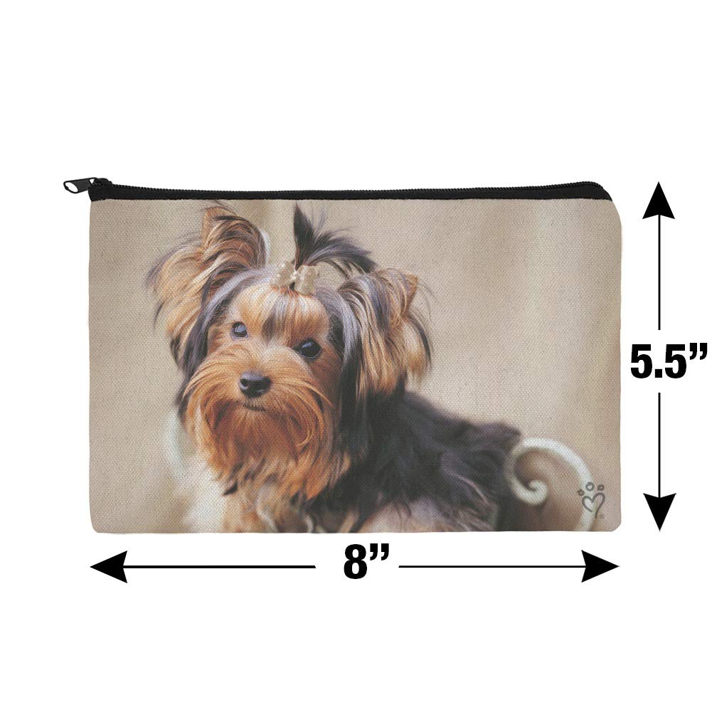 Yorkie Yorkshire Terrier Puppy Dog Makeup Bag - Cute Satin Cosmetic Pouch with Bow for Travel, Gym & Daily Essentials Organization