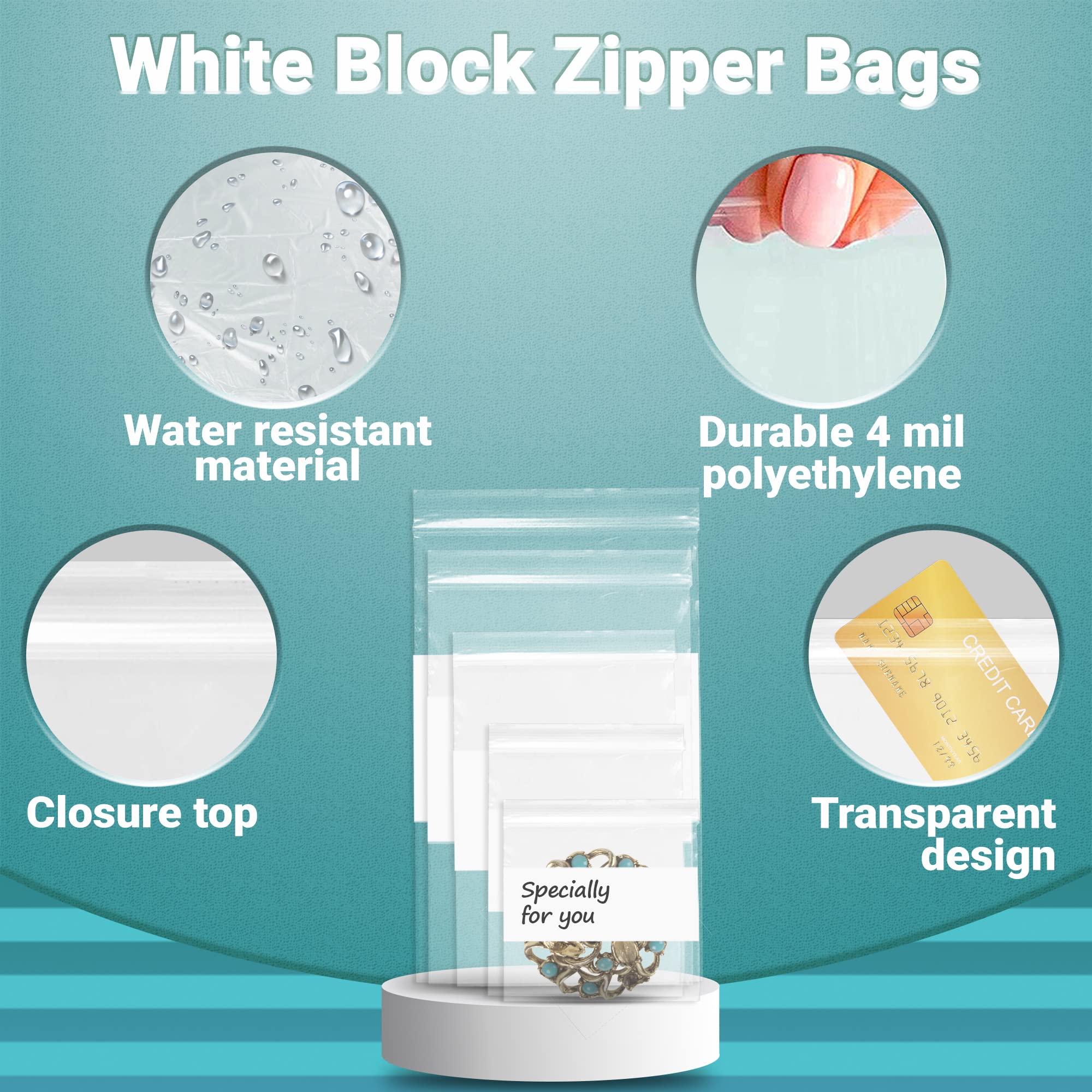 APQ White Block Zipper Bags - 5 Size Variety Pack of 1000 Clear Resealable Storage Bags | 4 Mil Thick Reclosable Zip Top Bags for Shipping, Organization & Craft Supplies | Perfect for Snacks, Jewelry, Office & Travel Essentials