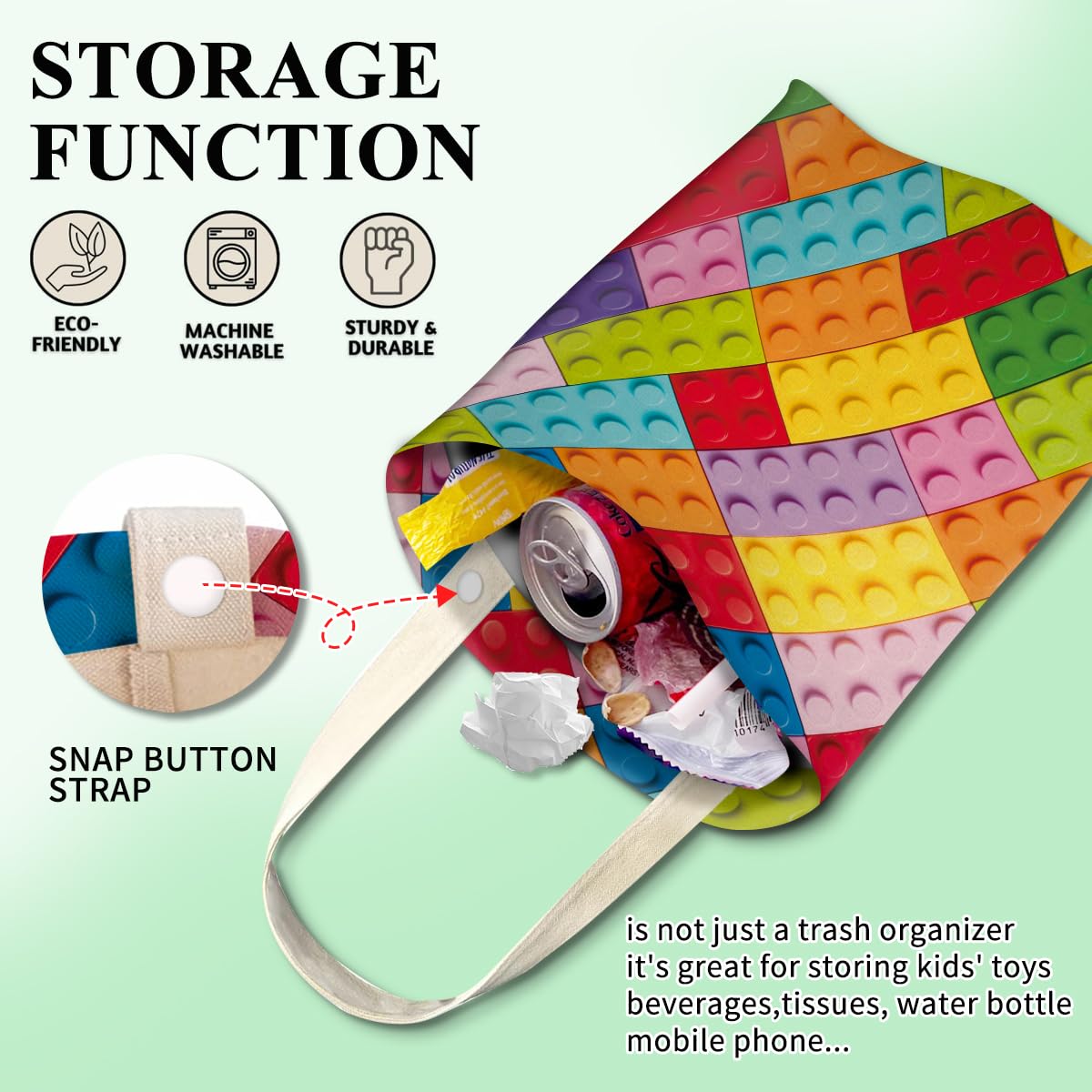Colorful Car Trash Can with Hanging Storage Organizer - Leakproof Auto Garbage Bin for Vehicle, Travel & Camping - Perfect for Road Trips, Family Outings and Daily Commute