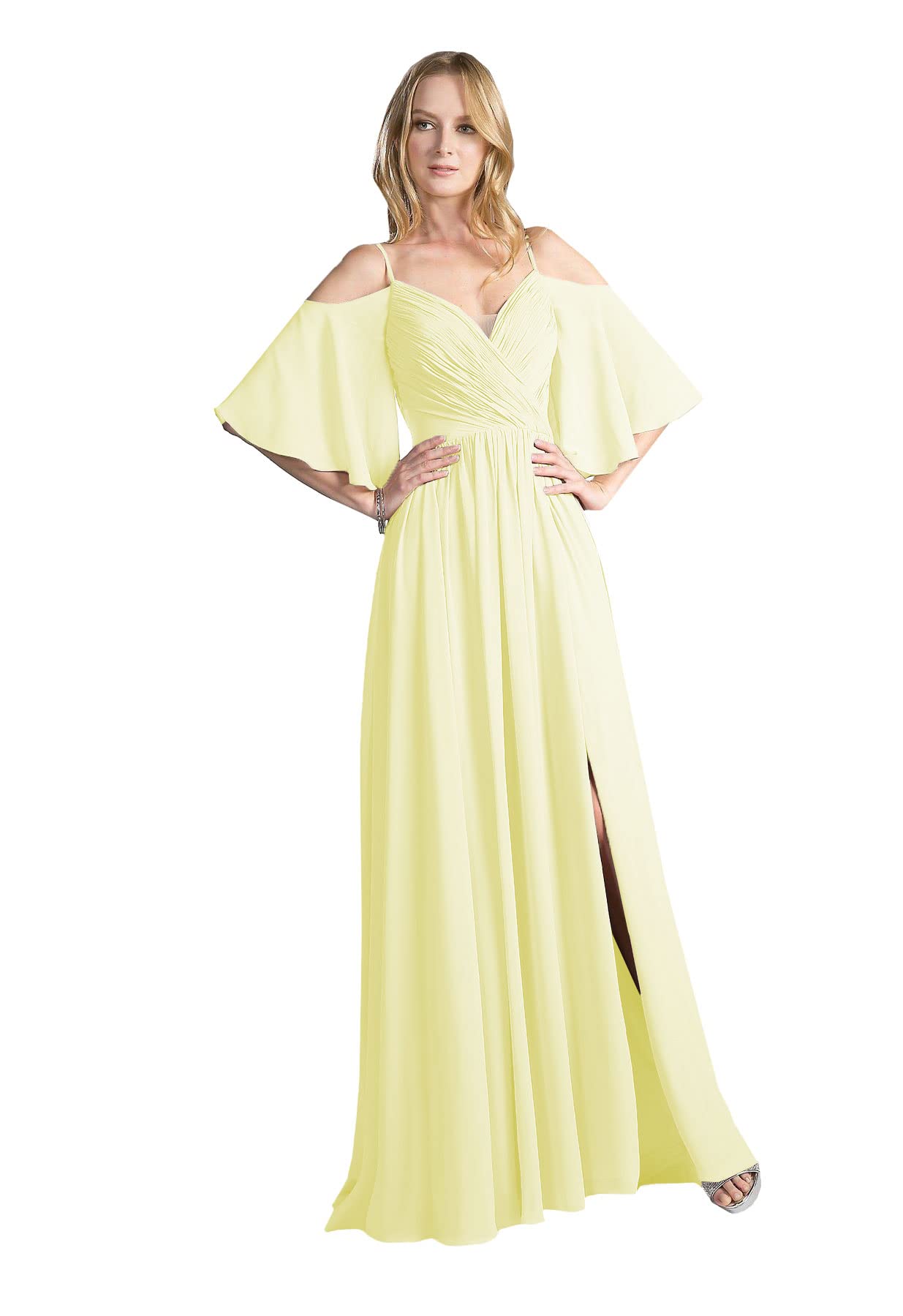 Zhangyo Women's Elegant Cold Shoulder Chiffon Bridesmaid Dress - Long Sleeve A-Line Formal Gown with Thigh Slit | Perfect for Weddings, Prom, Cocktail Parties & Special Occasions