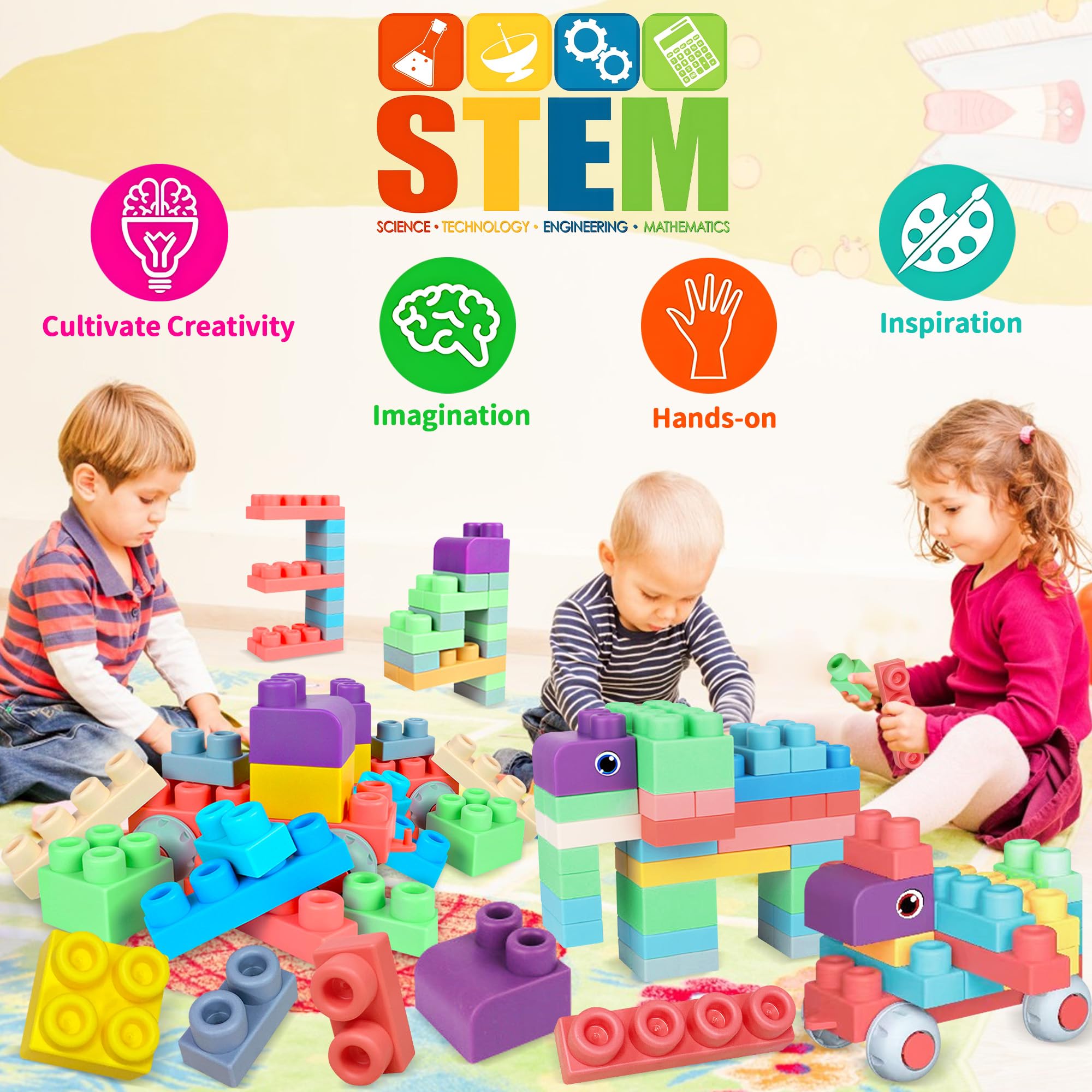 100PCS Soft Rubber Baby Building Blocks Set with Storage Bucket - STEM Educational Toys for Toddlers & Preschool Kids - Sensory Stacking Blocks to Boost Creativity - Perfect for Daycare, Birthday Gifts & Early Learning Activities
