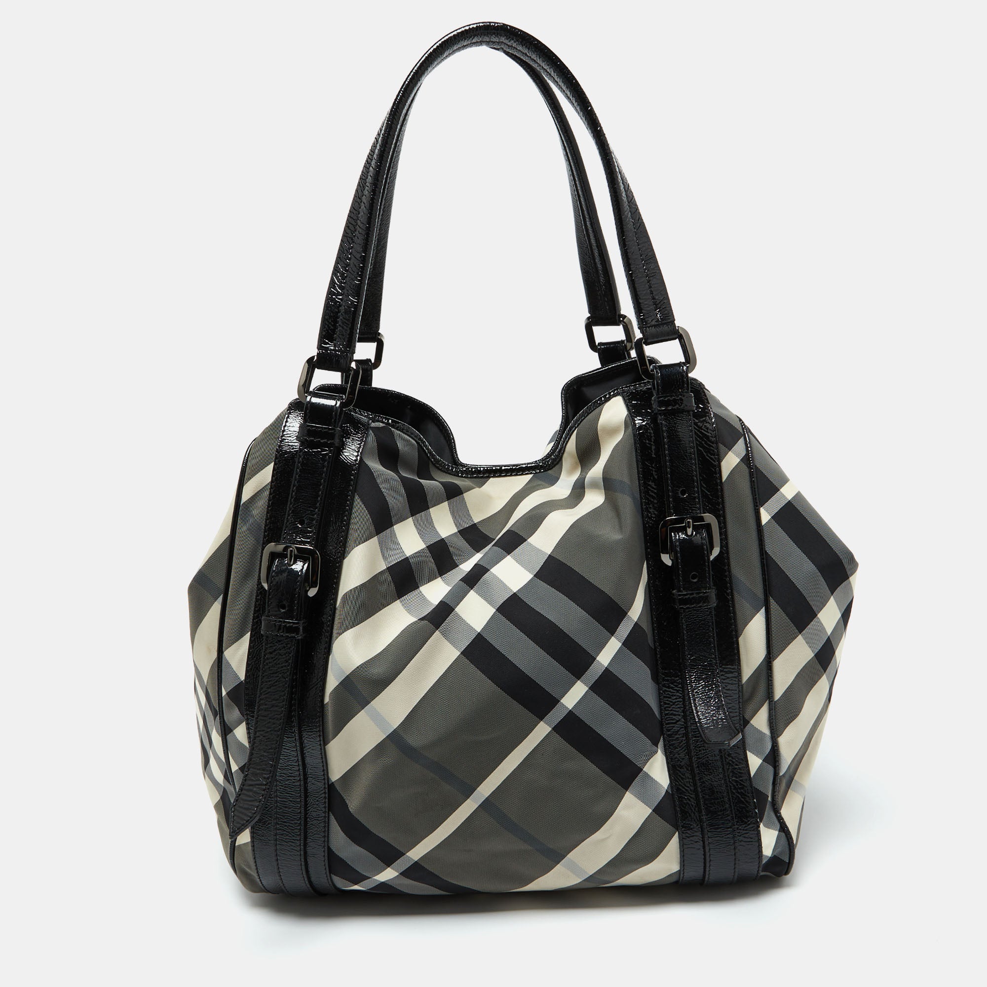 Black Checkered Nylon & Patent Leather Large Victoria Tote Bag - Stylish Work Tote, Spacious Office Bag, Perfect for Business Women & Daily Commute