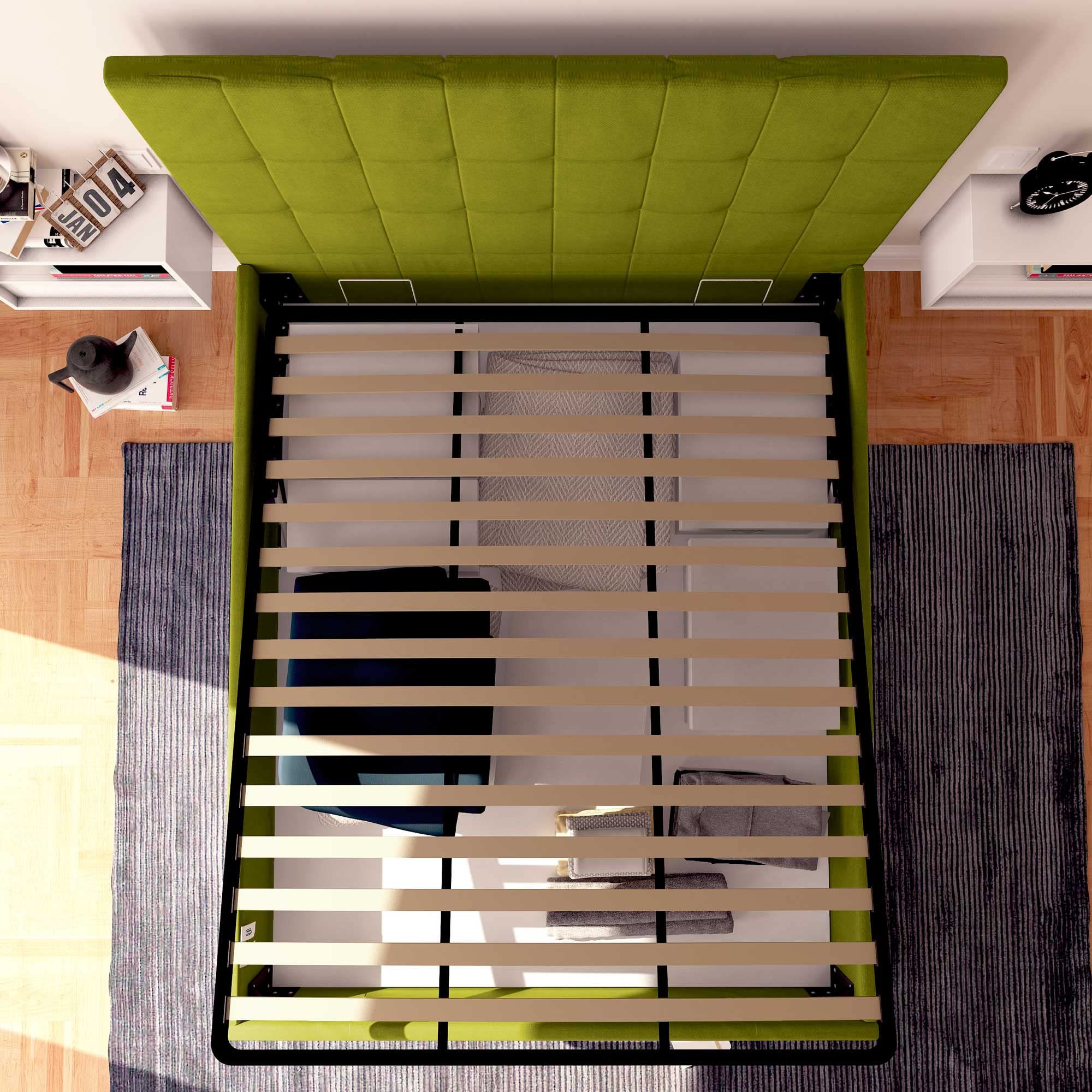Baldiflex Single Bed with Storage, Dublin Fabric Model, Slatted Base for Single Mattress, 90 x 190 cm, Elegant Headboard, Green - Perfect for Small Spaces, Guest Rooms & Dormitories