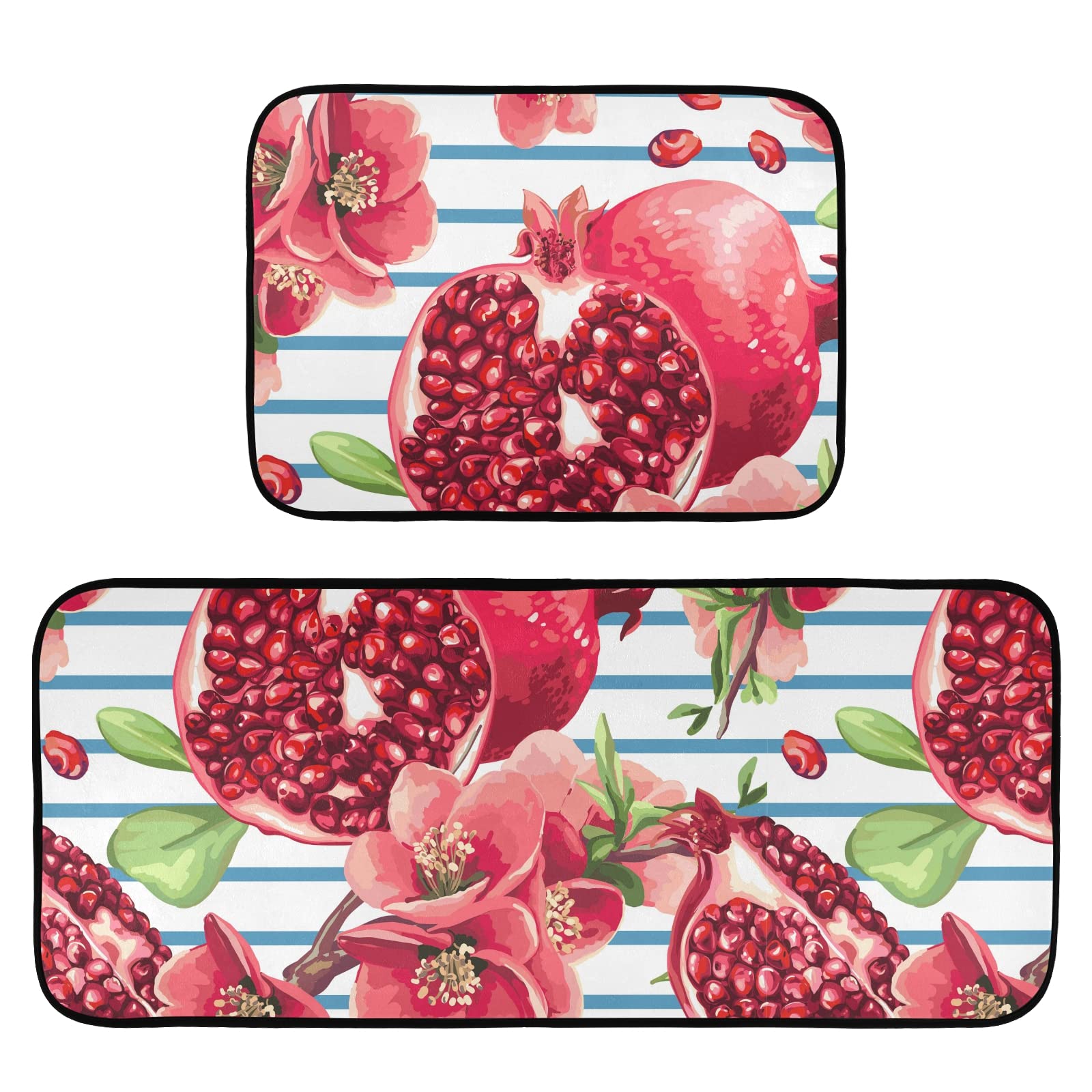 Non-Slip Anti-Fatigue Kitchen Rug Set of 2 - Striped Pomegranate Design Foam Cushioned Mats for Comfortable Standing in Kitchen, Office & Laundry - Home Decor Floor Mats for Comfort and Safety