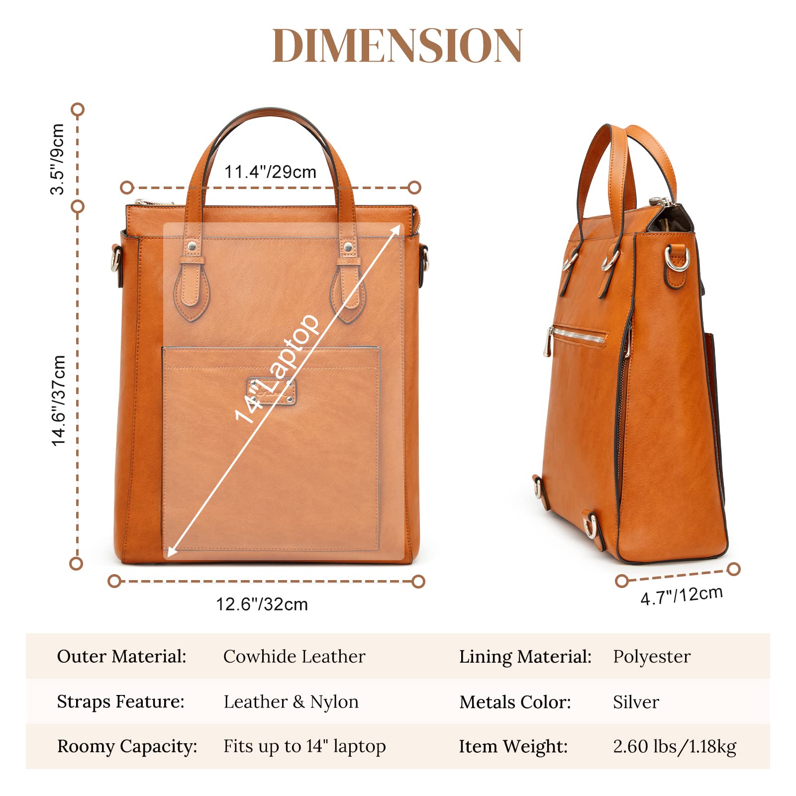Genuine Leather Convertible Backpack Purse for Women - Tote Bag, Handbag & Shoulder Bag with Luggage Sleeve - Perfect for Work, Travel & Daily Use