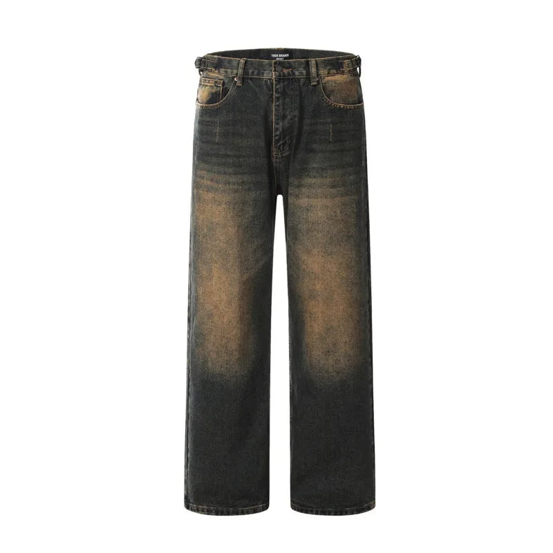 American Style Men's Distressed Denim Jeans - Straight Wide Leg Washed Contrast Color Pants for Men | Casual Wear, Street Style & Autumn Fashion