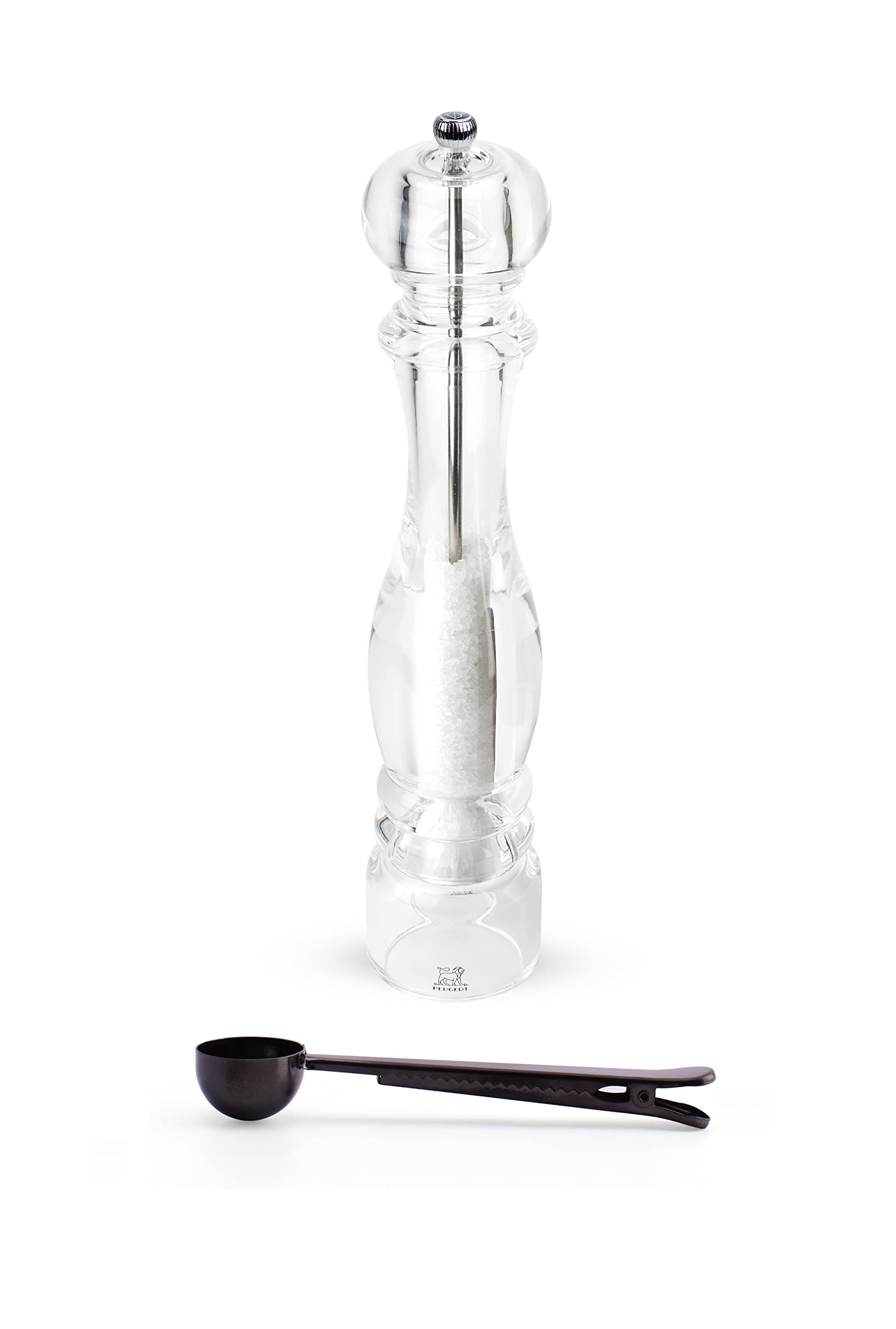 Peugeot Nancy Acrylic Manual Salt Grinder - 15 Inch Adjustable Transparent Pepper Mill with Stainless Steel Scoop & Bag Clip - Perfect for Kitchen, Dining Table & Gourmet Cooking Gifts
