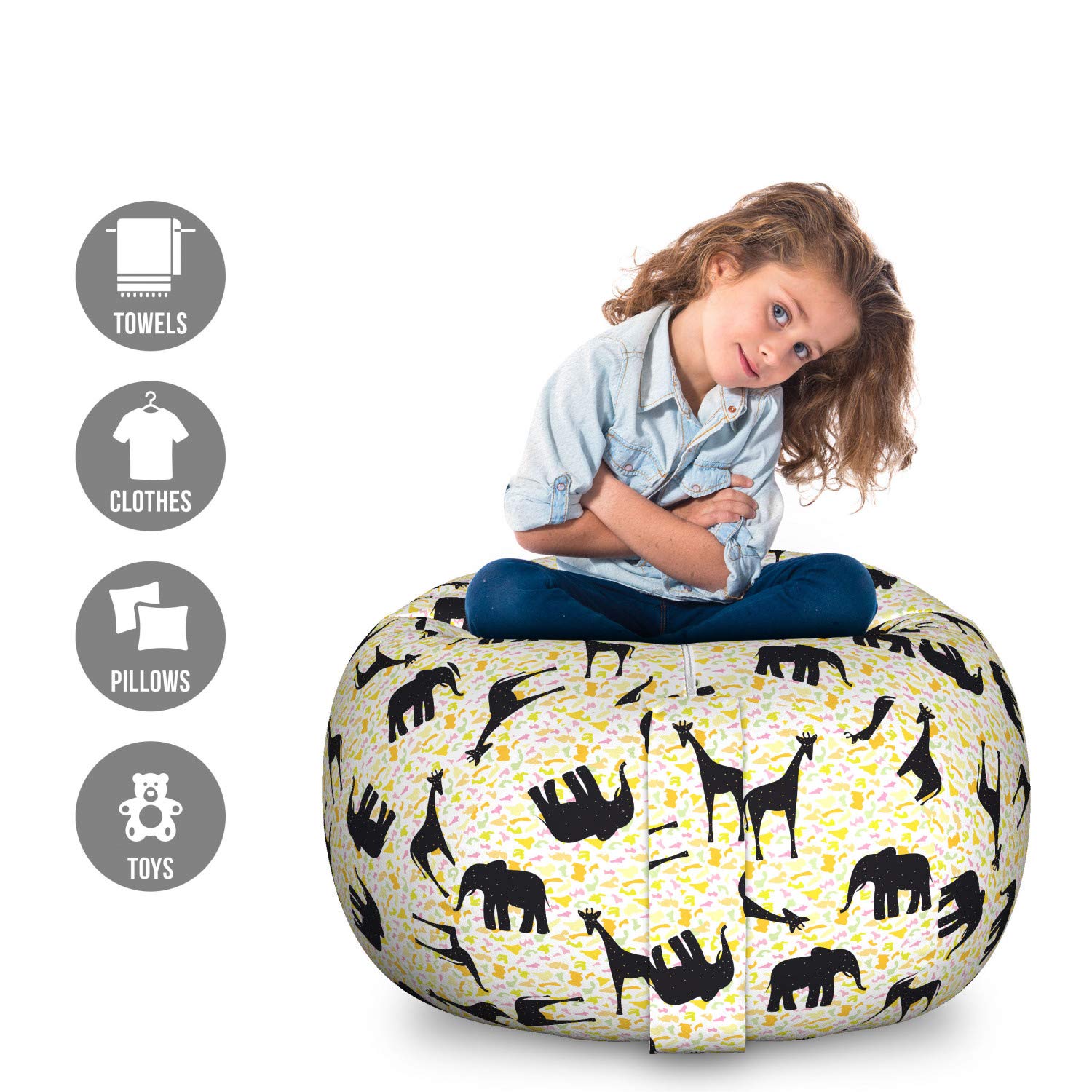 Ambesonne Giraffe Pattern Storage Toy Bag Chair - Large Washable Stuffed Animal Organizer with Cartoon Giraffes & Elephants Design | Perfect for Kids' Room, Nursery Storage & Playroom Organization