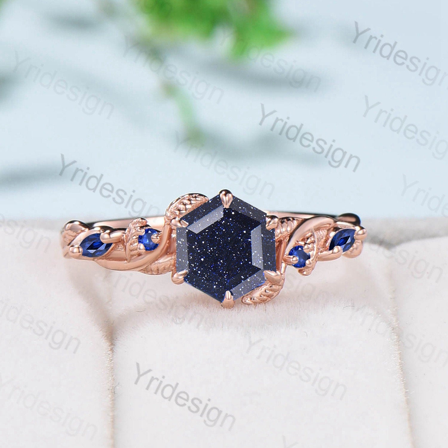 Blue Sandstone Engagement Ring - Nature Inspired Vine & Twig Design with Sapphire Accents | Handmade Wedding Band, Promise Ring for Women | Perfect for Proposals, Anniversaries & Special Occasions