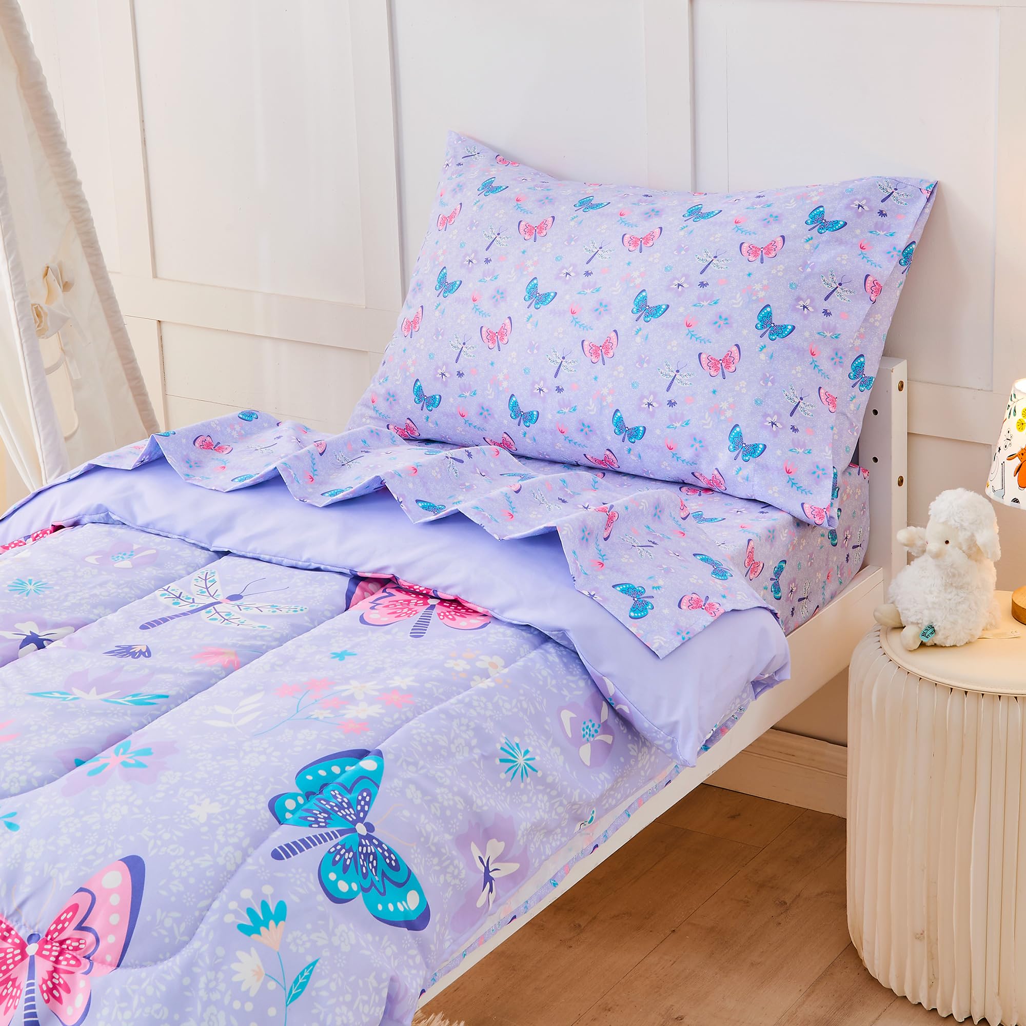 Butterfly Toddler Bedding Set for Girls - 4 Piece Bed-in-a-Bag Comforter Set with Super Soft Microfiber Sheets | Nursery Decor & Toddler Room Essentials for Sweet Dreams