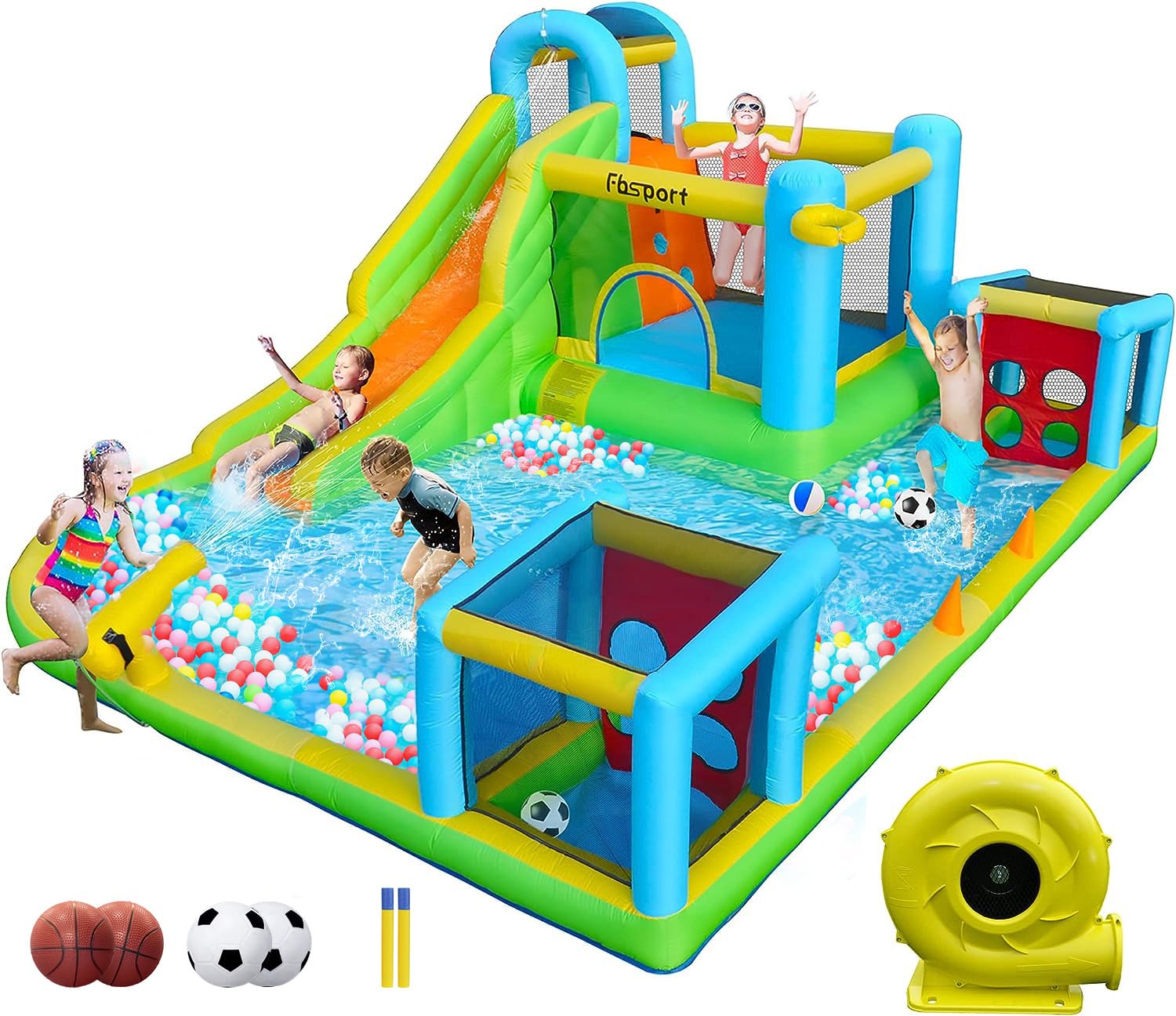 FBSPORT Inflatable Bounce House with Water Slide - 9-in-1 Kids Bouncy Castle for Indoor & Outdoor Play | Includes Blower, Football Shooting Game, Water Gun, Splash Pool & Bounce Area | Perfect for Birthday Parties, Backyard Fun & Summer Water Activities