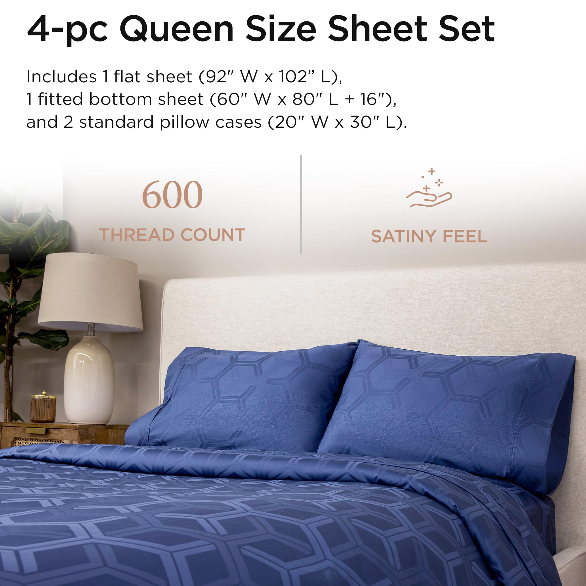 Premium 600 Thread Count 100% Cotton Queen Size Bed Sheets Set - 4-Piece Jacquard Sateen Weave with 16